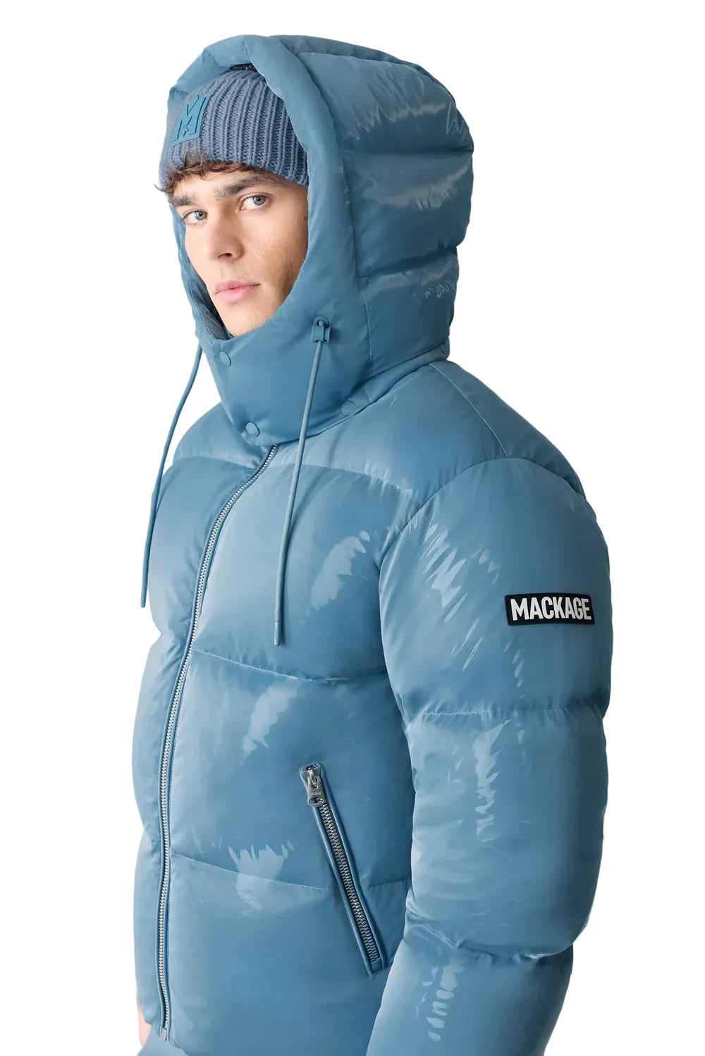 Mackage KENT-GLO high-gloss down jacket with removable hood, insulated pockets, and rib knit storm cuffs.