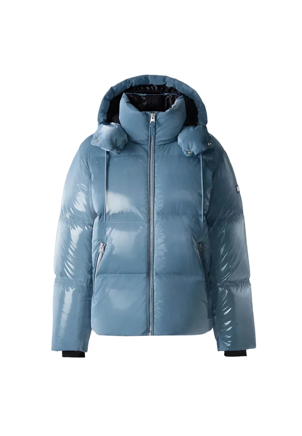 Mackage KENT-GLO high-gloss down jacket with removable hood, insulated pockets, and rib knit storm cuffs.
