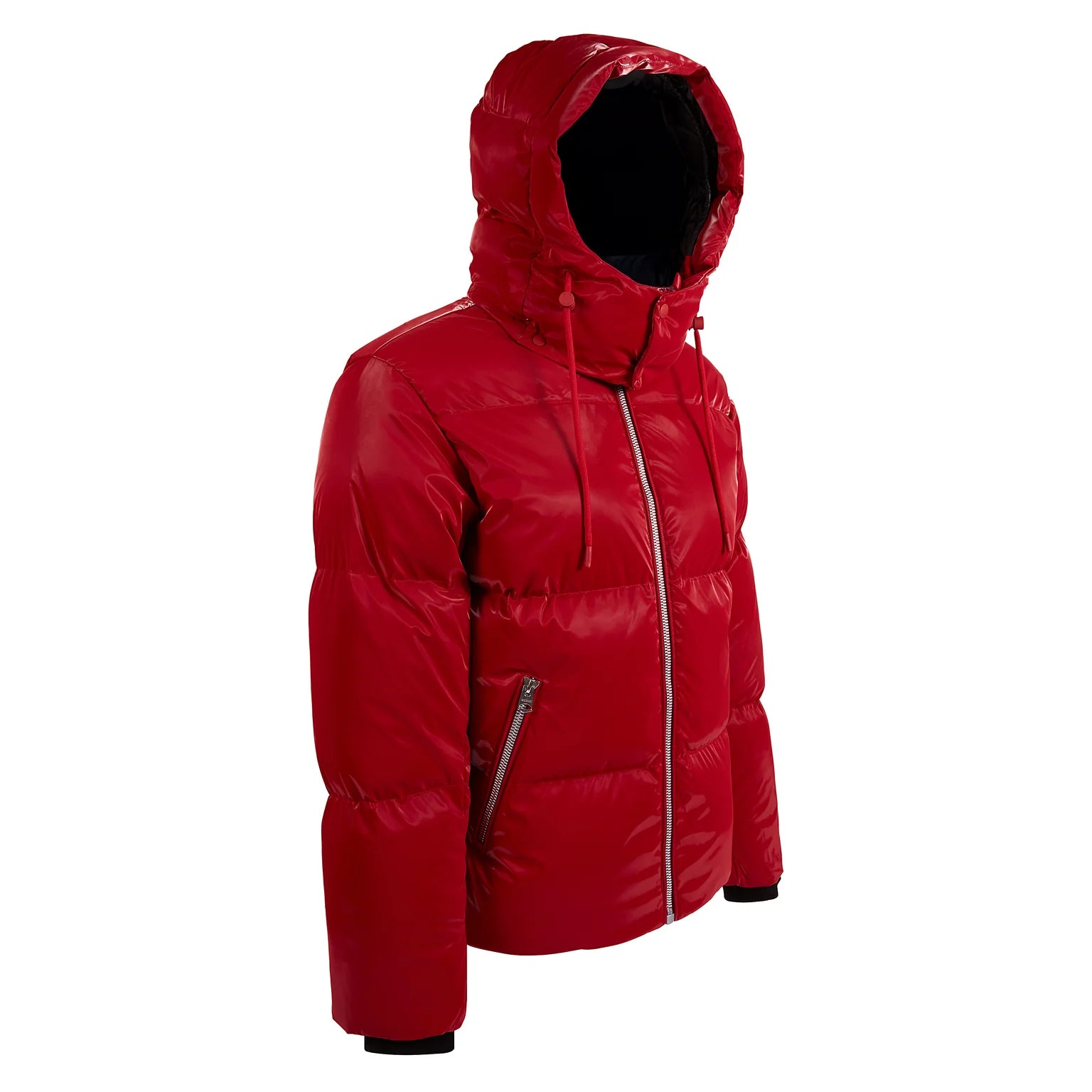 Mackage KENT-GLO high-gloss down jacket with removable hood, insulated pockets, and rib knit storm cuffs.