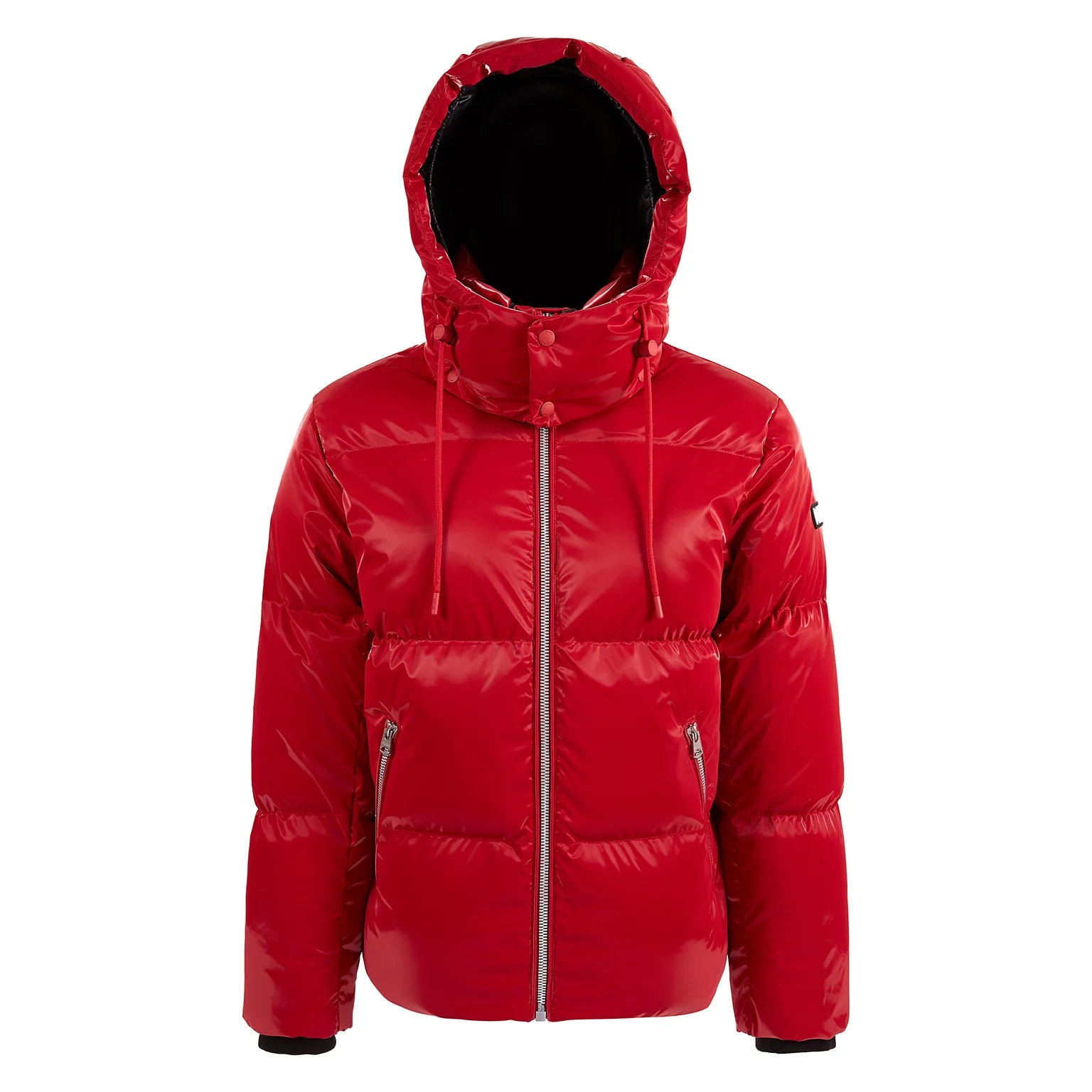 Mackage KENT-GLO high-gloss down jacket with removable hood, insulated pockets, and rib knit storm cuffs.
