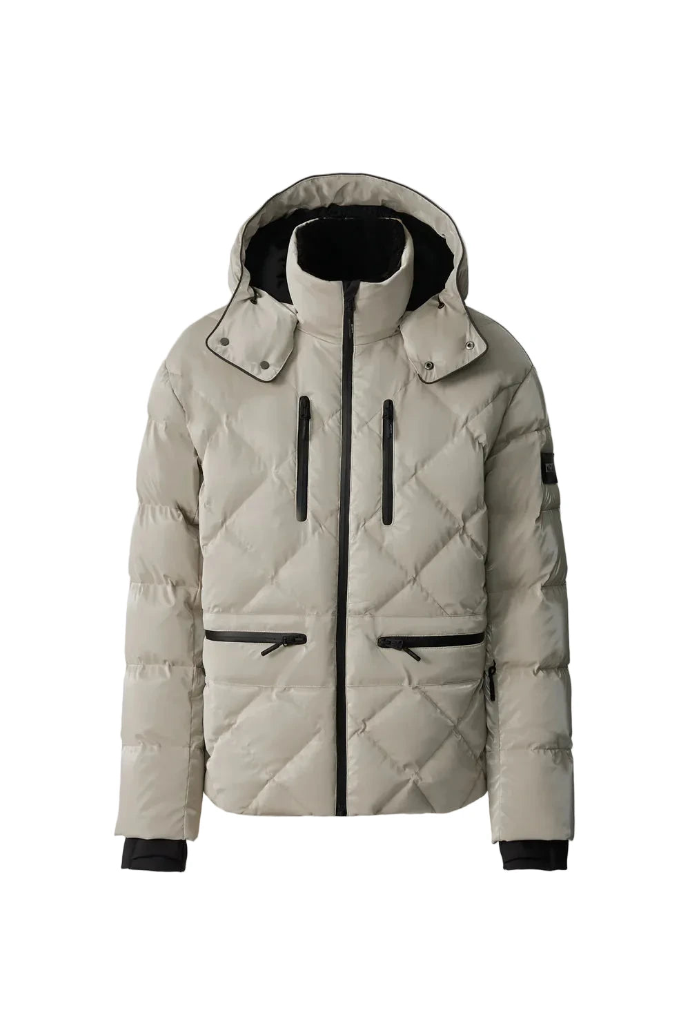 Mackage CILLIAN-GLO high-gloss quilted ski jacket with removable storm hood, powder skirt, and multiple utility pockets.
