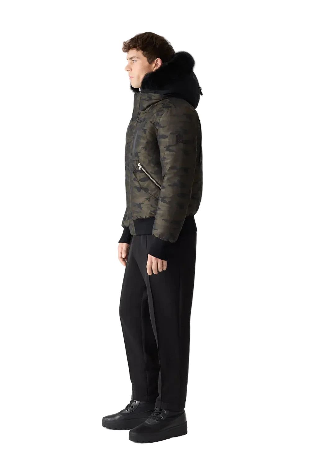 Mackage DIXON-JCZ down-filled bomber jacket with removable bib, fur-trimmed hood, and jacquard camouflage pattern.