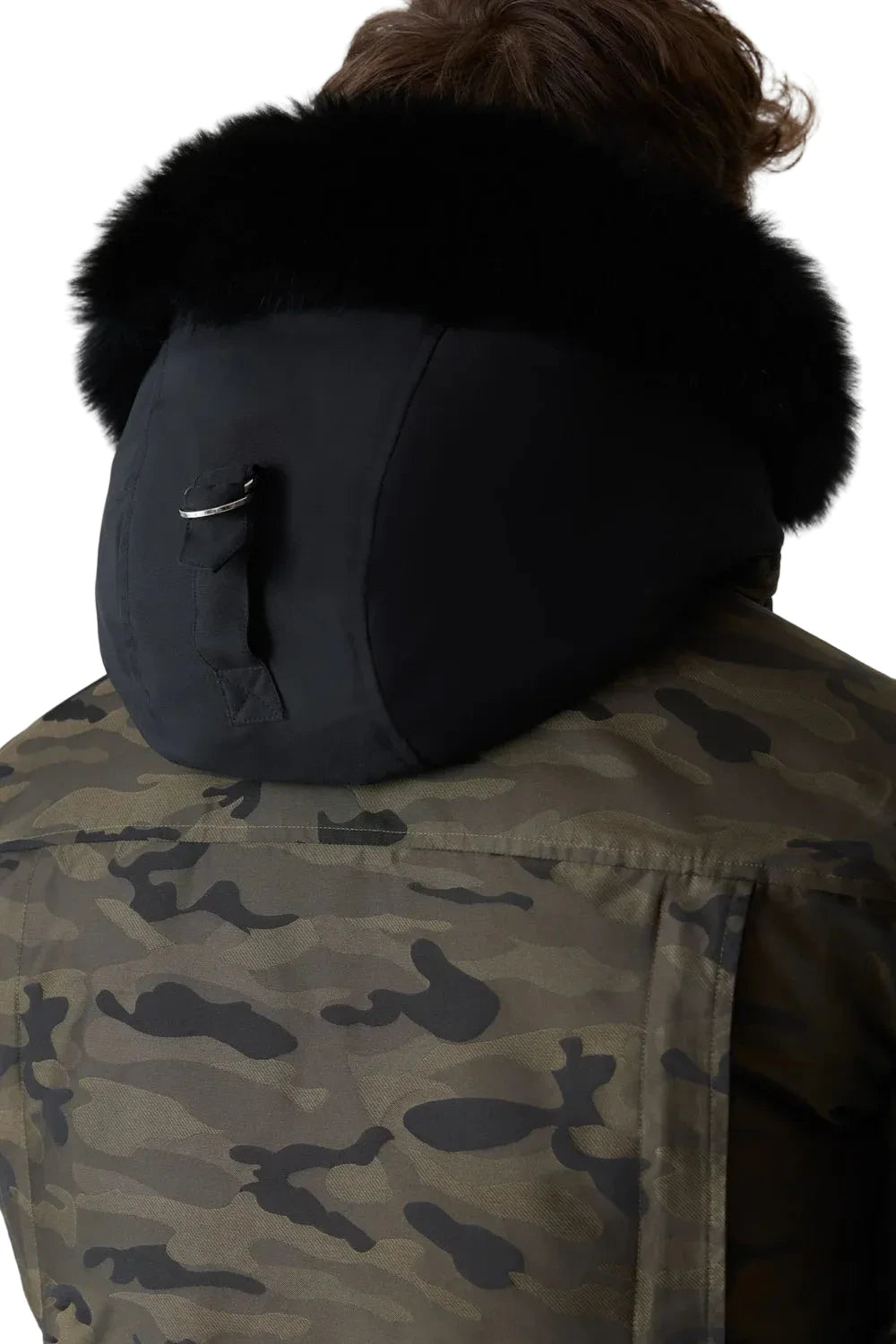 Mackage DIXON-JCZ down-filled bomber jacket with removable bib, fur-trimmed hood, and jacquard camouflage pattern.