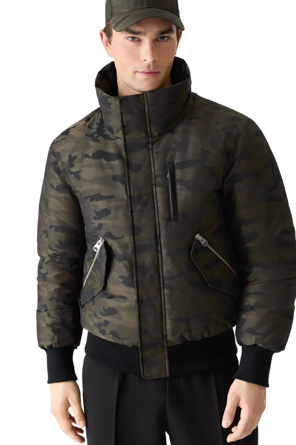 Mackage DIXON-JCZ down-filled bomber jacket with removable bib, fur-trimmed hood, and jacquard camouflage pattern.
