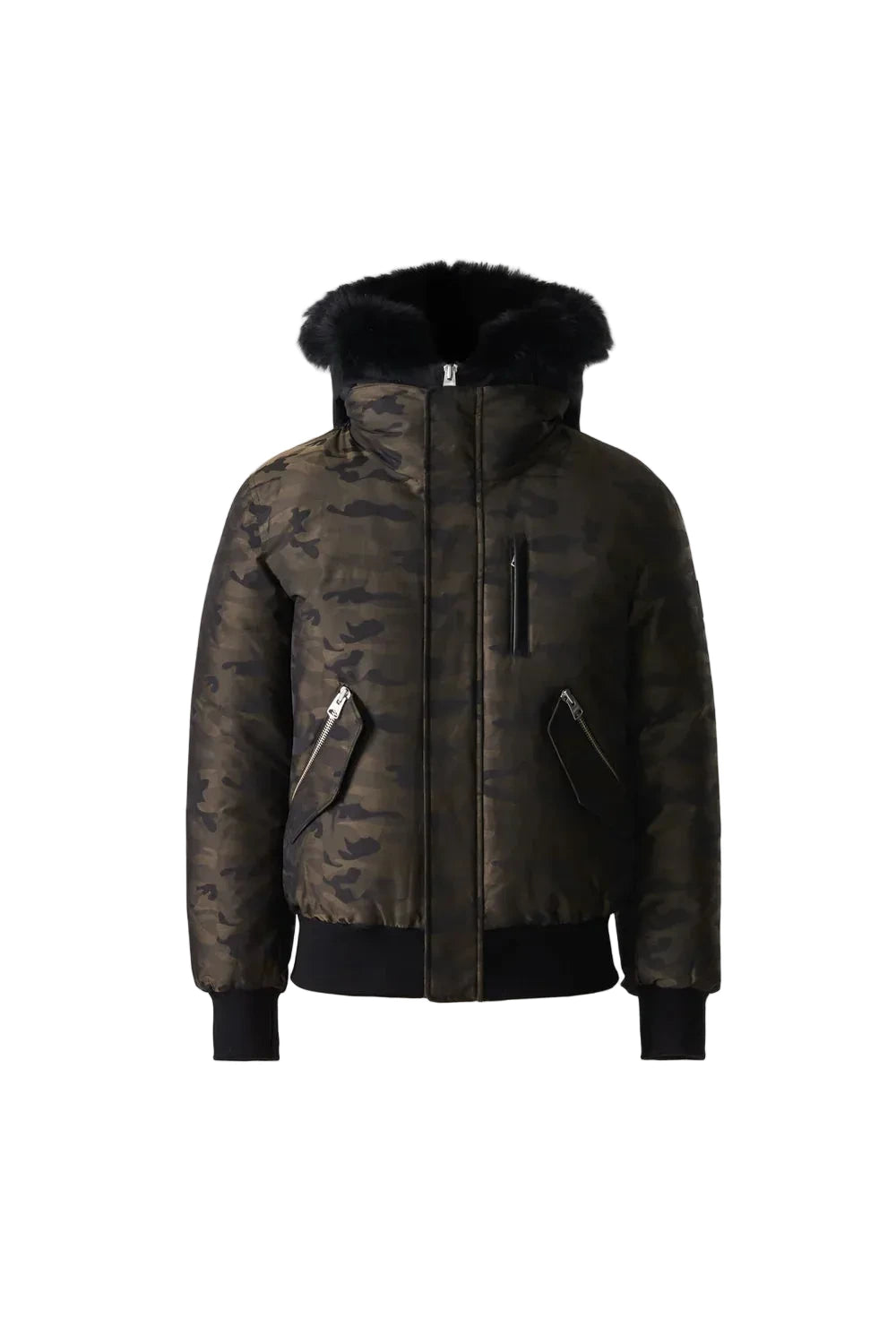 Mackage DIXON-JCZ down-filled bomber jacket with removable bib, fur-trimmed hood, and jacquard camouflage pattern.