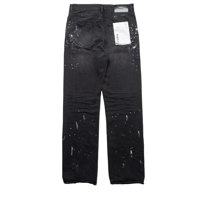 Purple-Brand mid-rise straight-leg jeans in black with knee slit, paint splatter detailing, and signature hangtag.