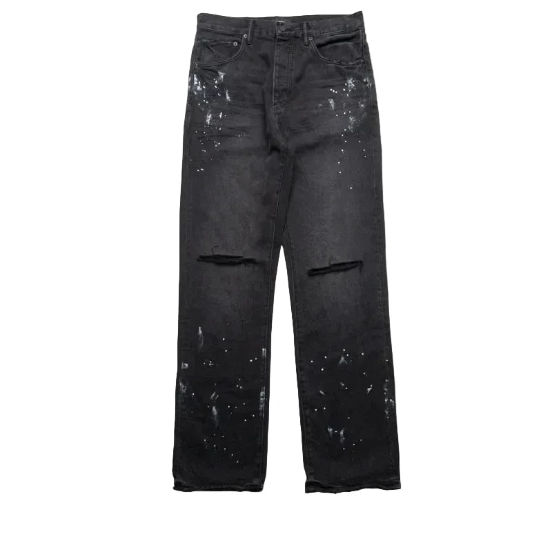 Purple-Brand mid-rise straight-leg jeans in black with knee slit, paint splatter detailing, and signature hangtag.