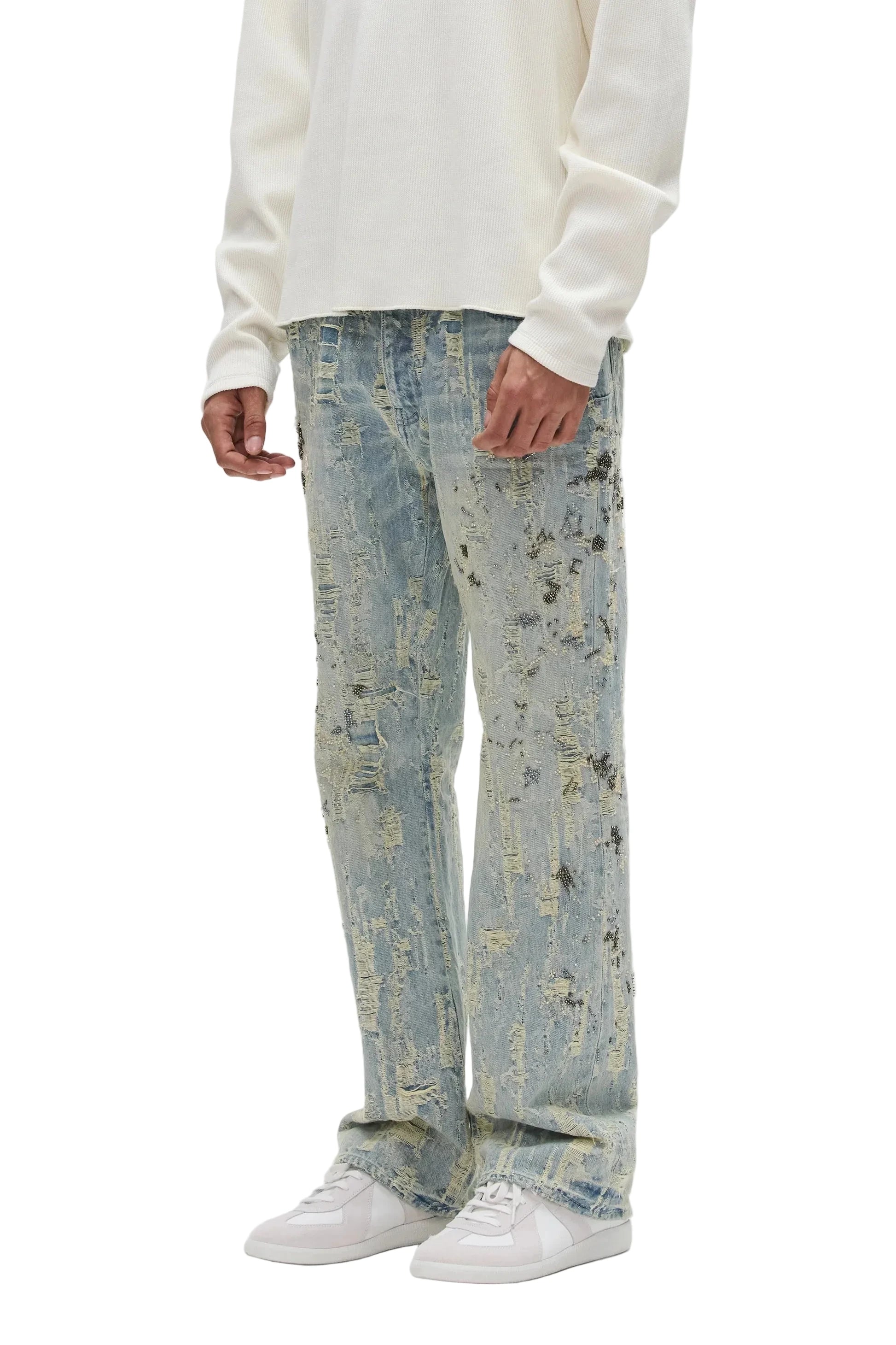 Purple Brand P026 Bead Splatter Destroy bootcut jeans with mid-rise fit, beaded embellishments, all-over destroyed finish, and 5-pocket styling