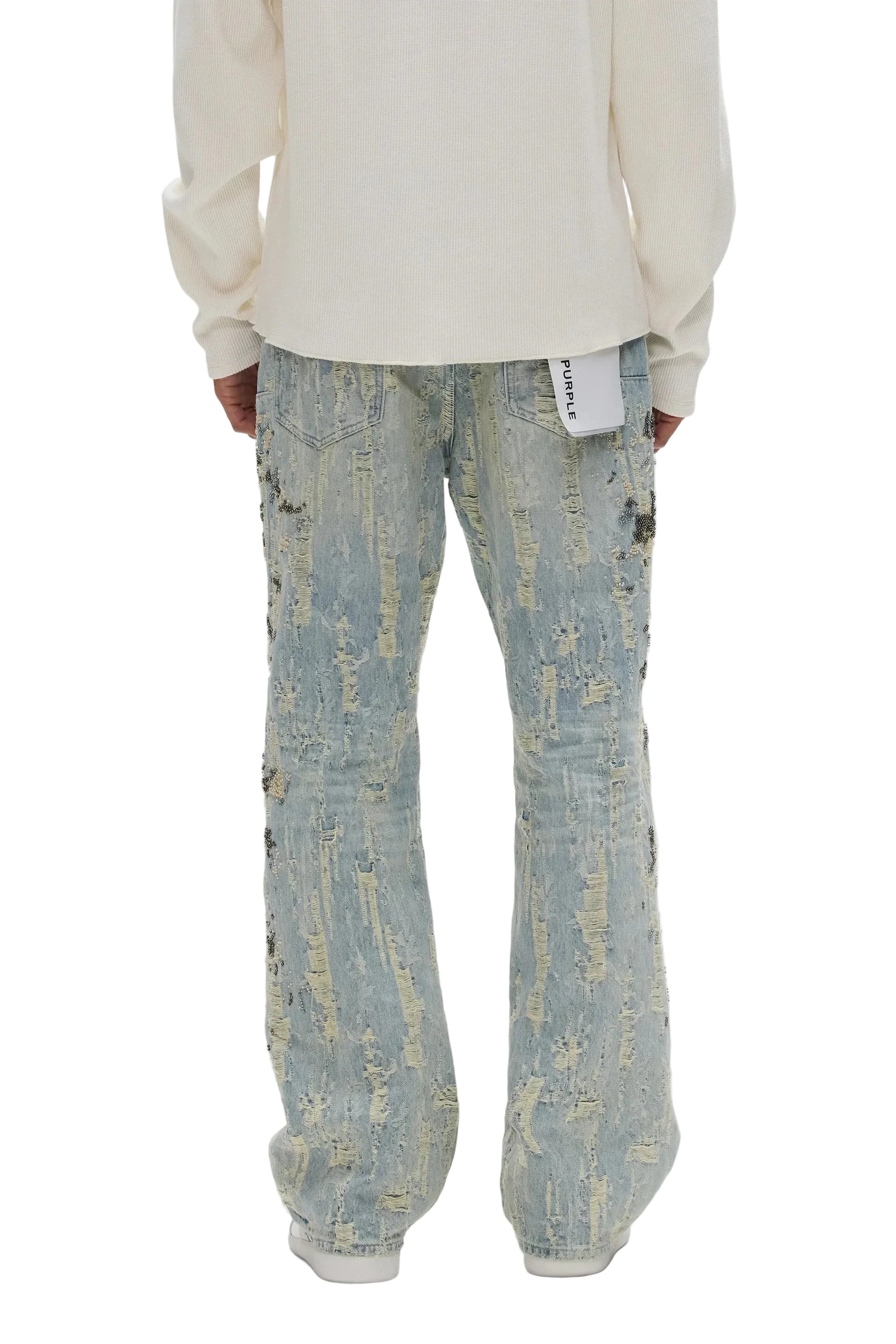 Purple Brand P026 Bead Splatter Destroy bootcut jeans with mid-rise fit, beaded embellishments, all-over destroyed finish, and 5-pocket styling