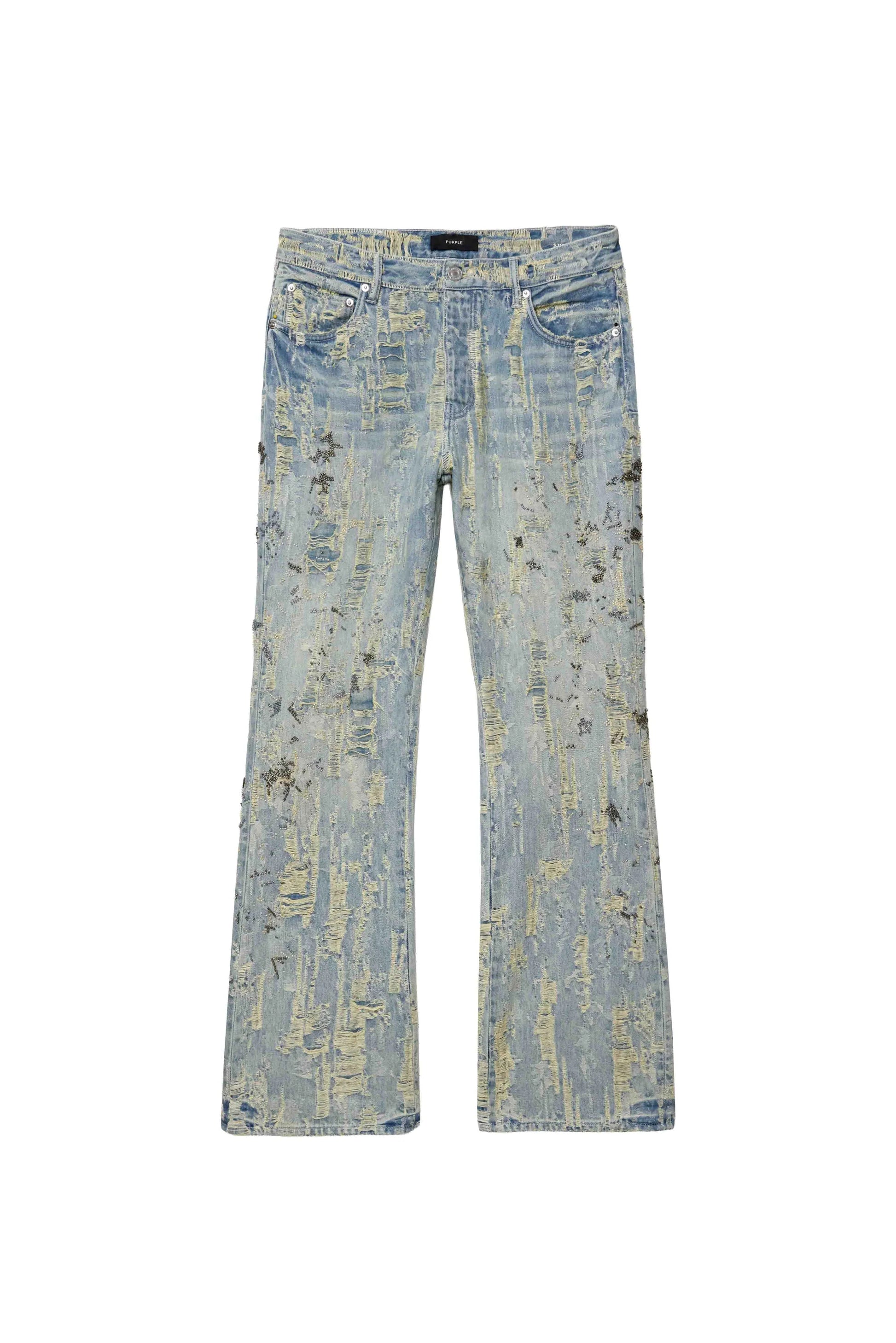 Purple Brand P026 Bead Splatter Destroy bootcut jeans with mid-rise fit, beaded embellishments, all-over destroyed finish, and 5-pocket styling