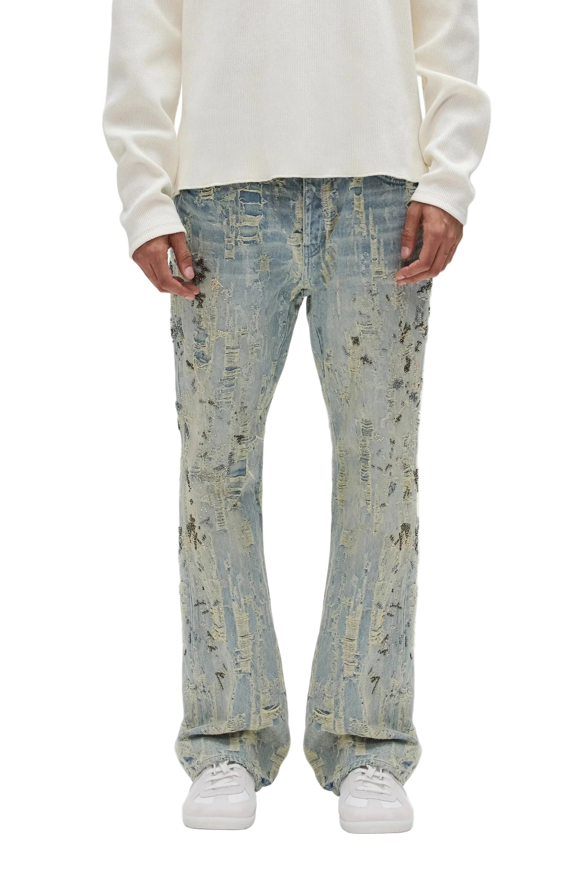 Purple Brand P026 Bead Splatter Destroy bootcut jeans with mid-rise fit, beaded embellishments, all-over destroyed finish, and 5-pocket styling