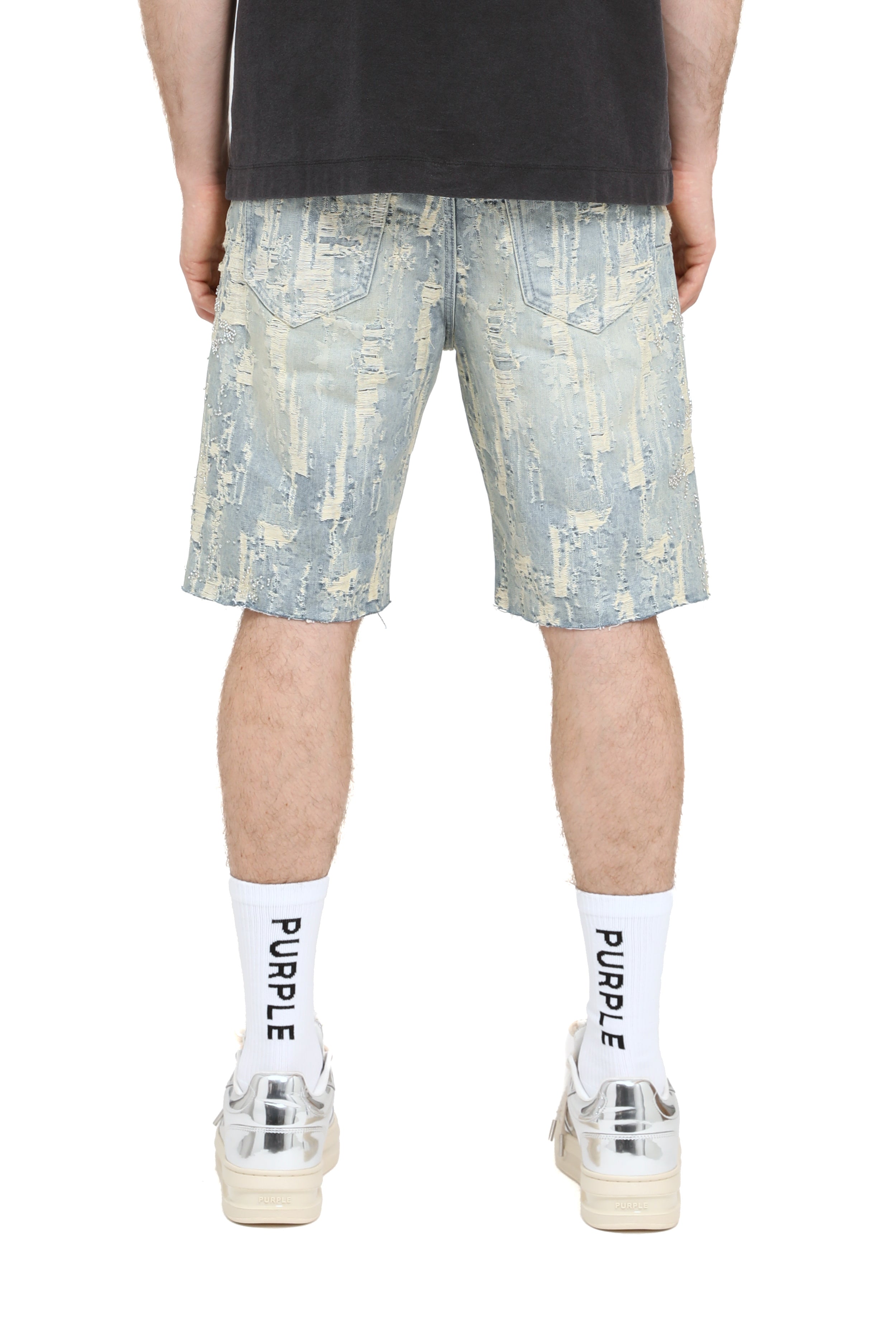 Purple Brand P059 Bead Destroy Light Indigo cutoff shorts with five-pocket design, button-fly closure, and reinforced belt loops