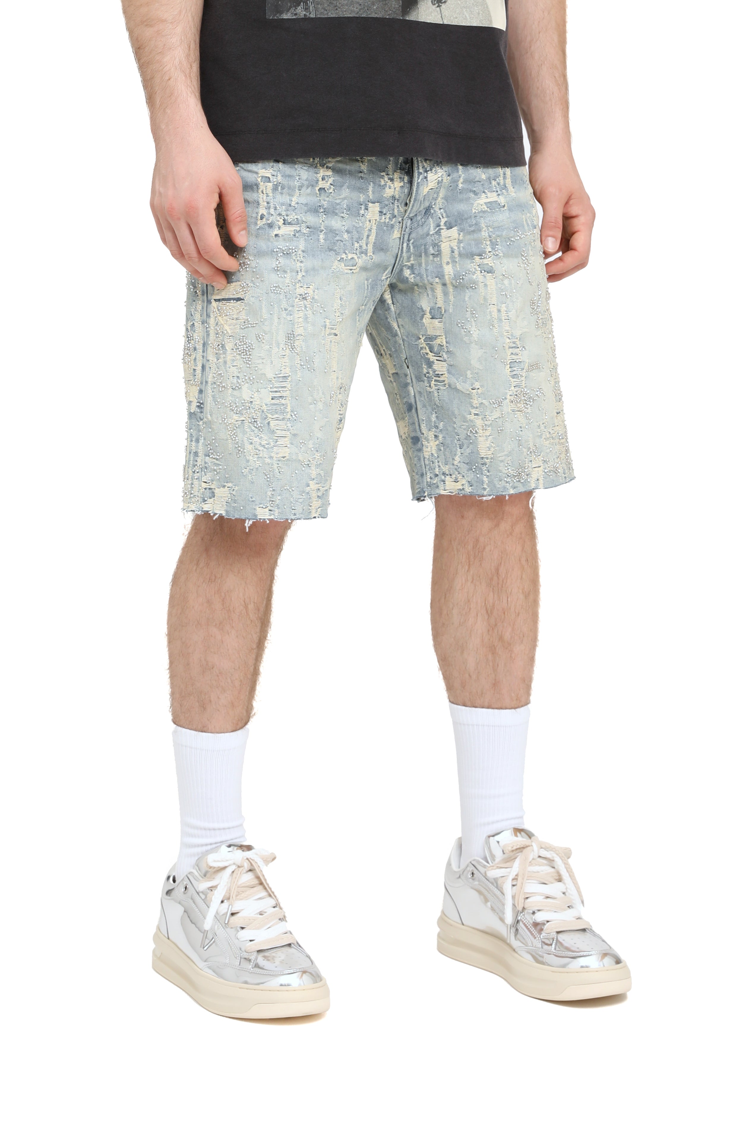 Purple Brand P059 Bead Destroy Light Indigo cutoff shorts with five-pocket design, button-fly closure, and reinforced belt loops