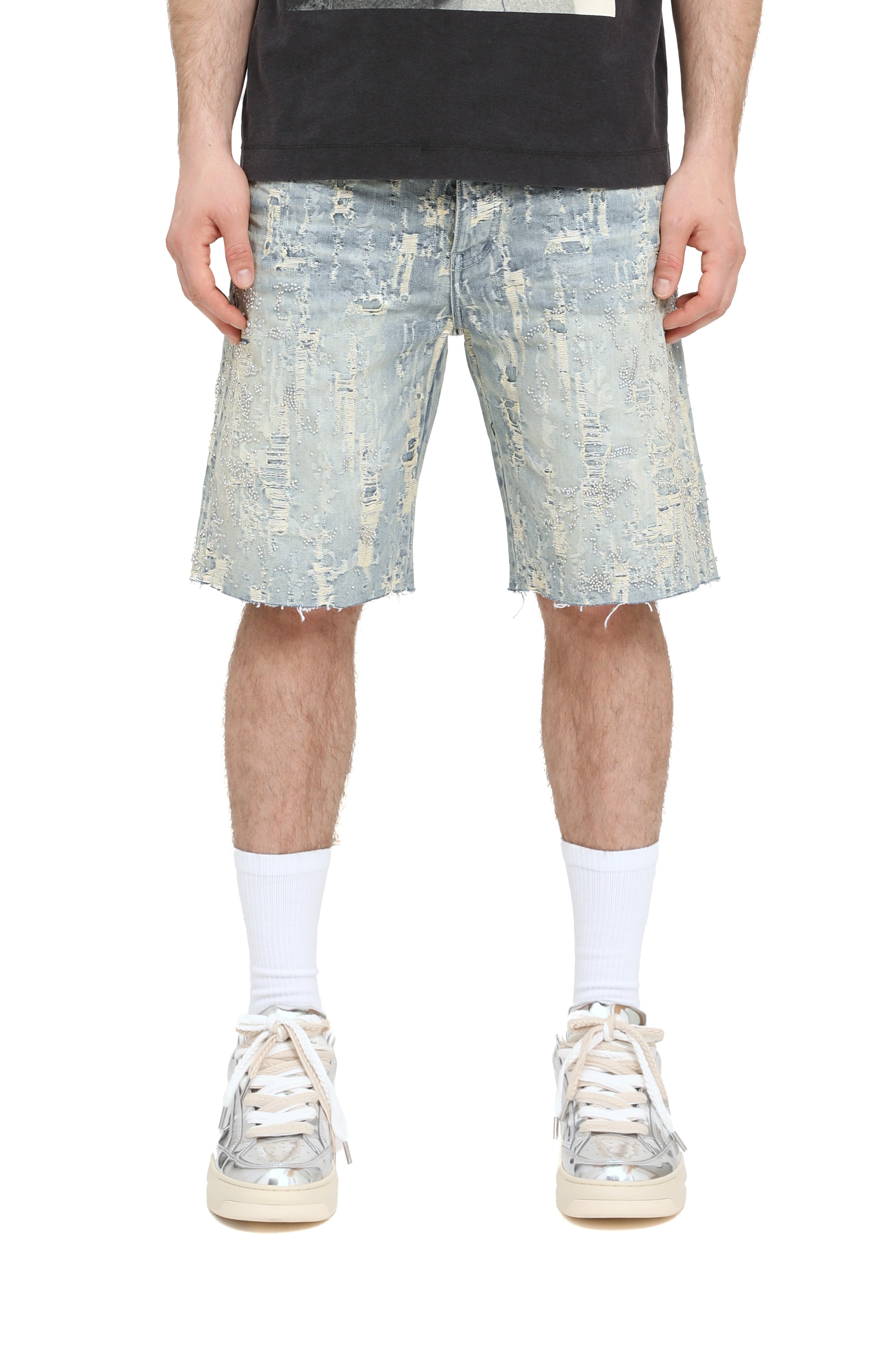 Purple Brand P059 Bead Destroy Light Indigo cutoff shorts with five-pocket design, button-fly closure, and reinforced belt loops