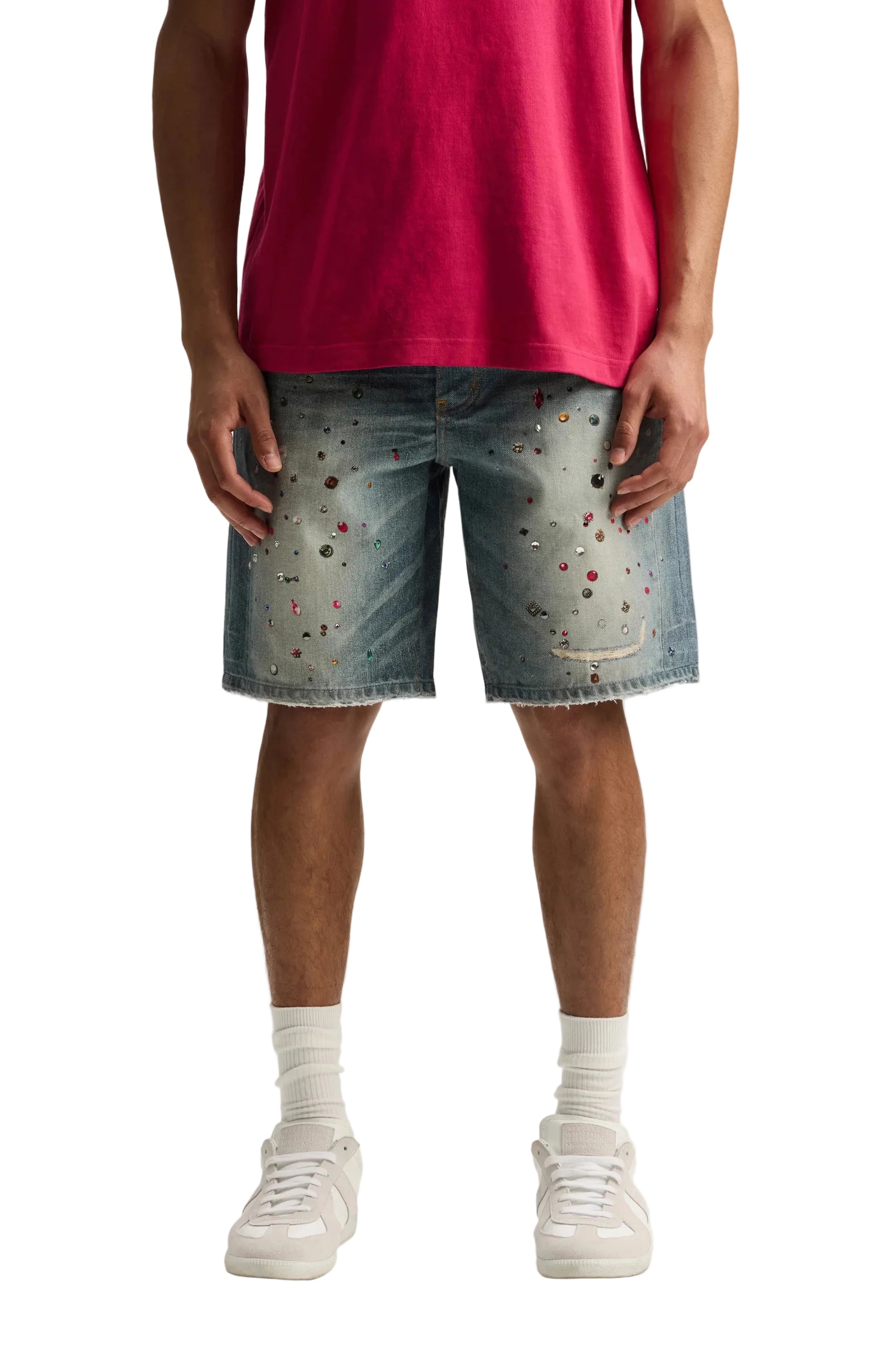 Purple Brand Jewel Short Light Indigo premium denim shorts with jewel embellishments front view