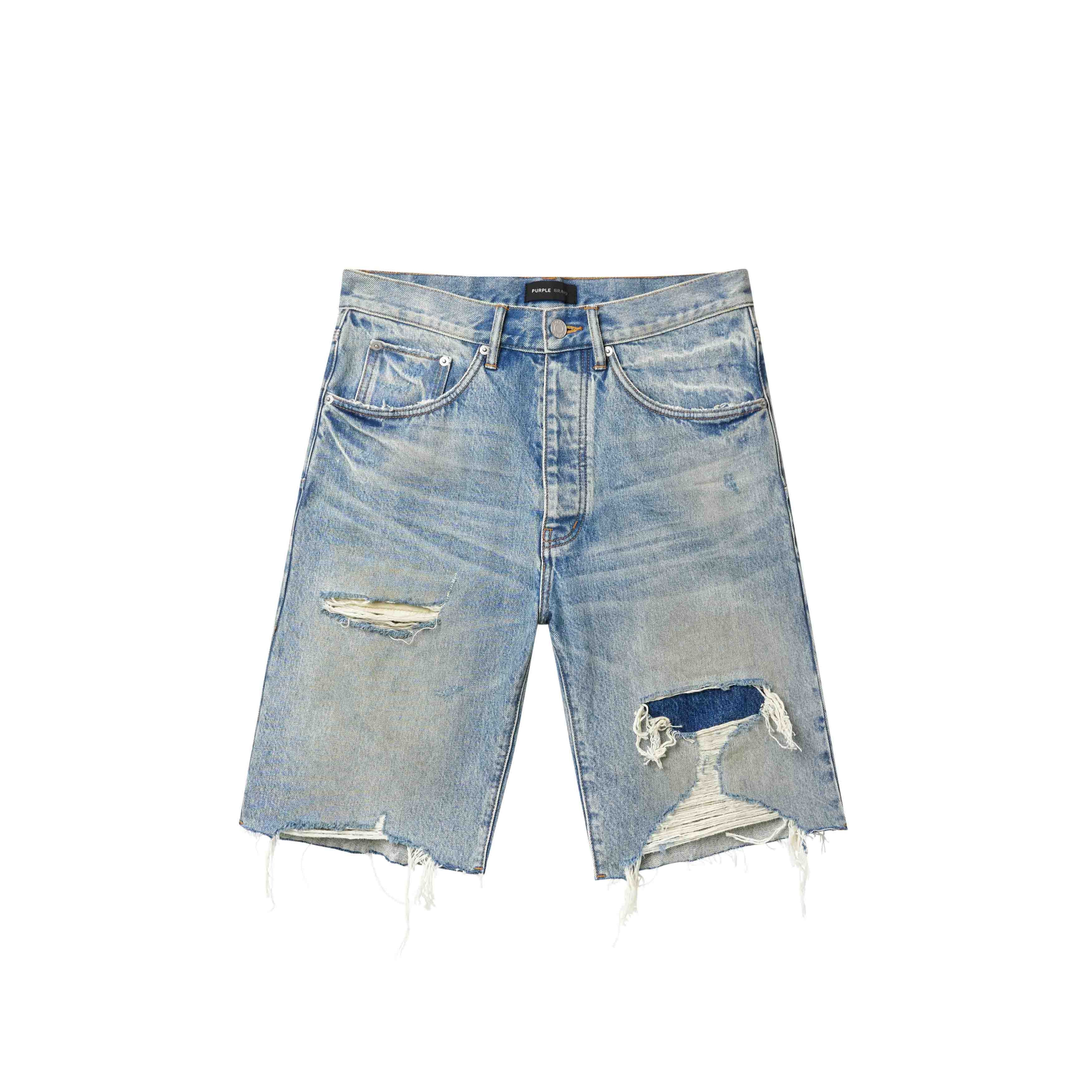 Purple Brand P059 Cutoff Denim Shorts in light indigo with rip-and-repair distressing, frayed hems, and signature leather patch detailing.