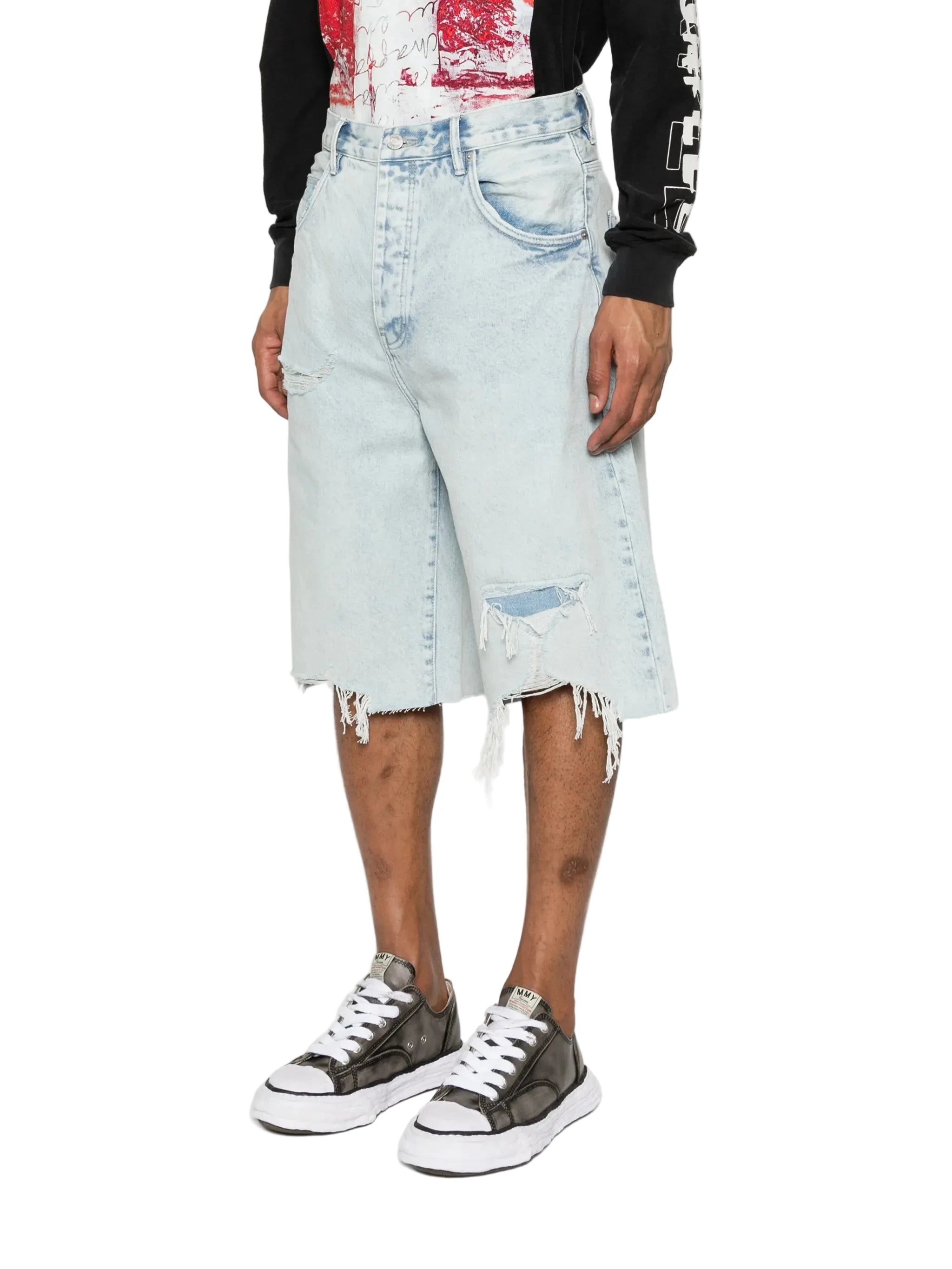 Purple Brand Blowout wide-leg shorts in light blue with distressed detailing, five pockets, belt loops, and button fastening