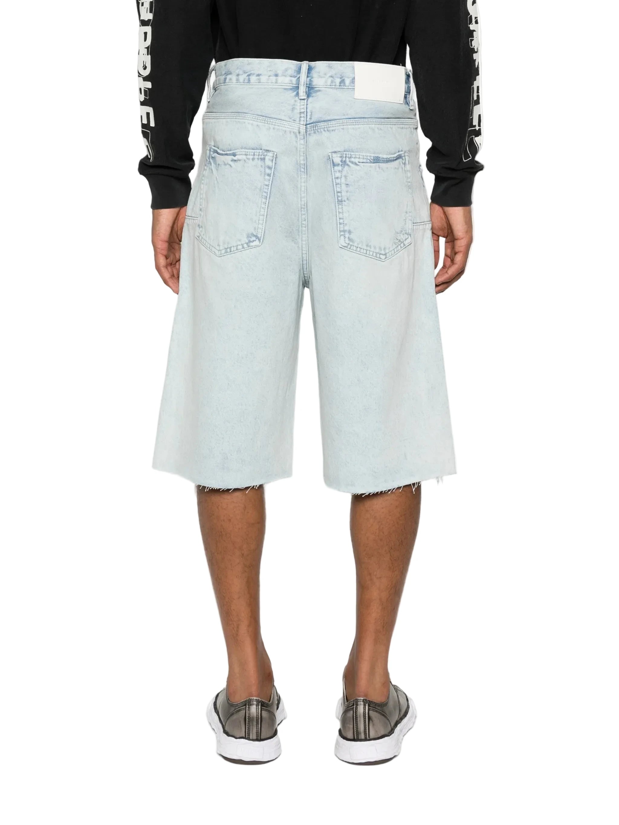 Purple Brand Blowout wide-leg shorts in light blue with distressed detailing, five pockets, belt loops, and button fastening