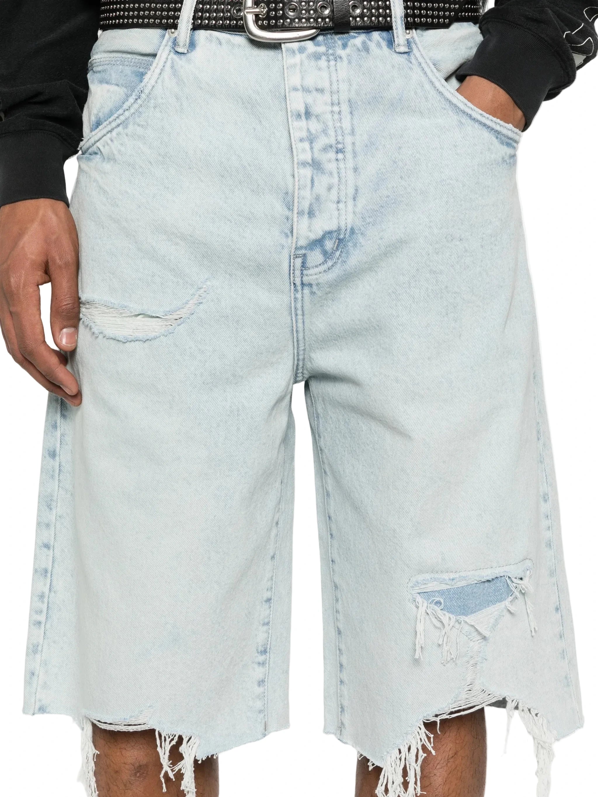 Purple Brand Blowout wide-leg shorts in light blue with distressed detailing, five pockets, belt loops, and button fastening