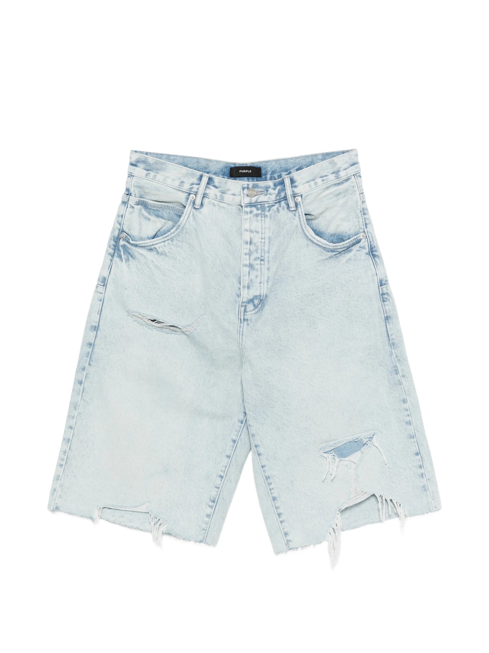 Purple Brand Blowout wide-leg shorts in light blue with distressed detailing, five pockets, belt loops, and button fastening