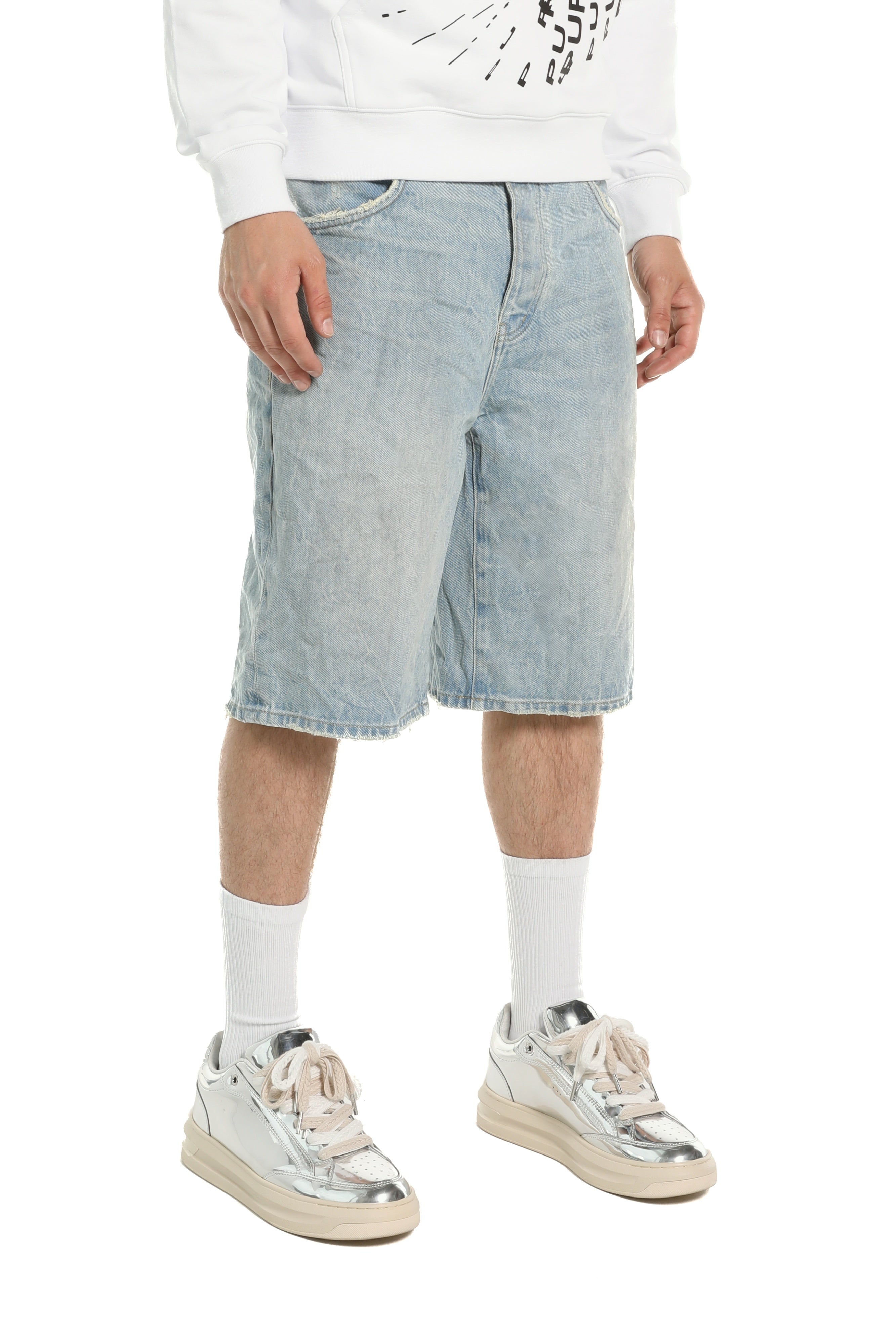 Purple Brand white label wide leg pants in 100% cotton with raw cut hem, five-pocket styling, and button fly