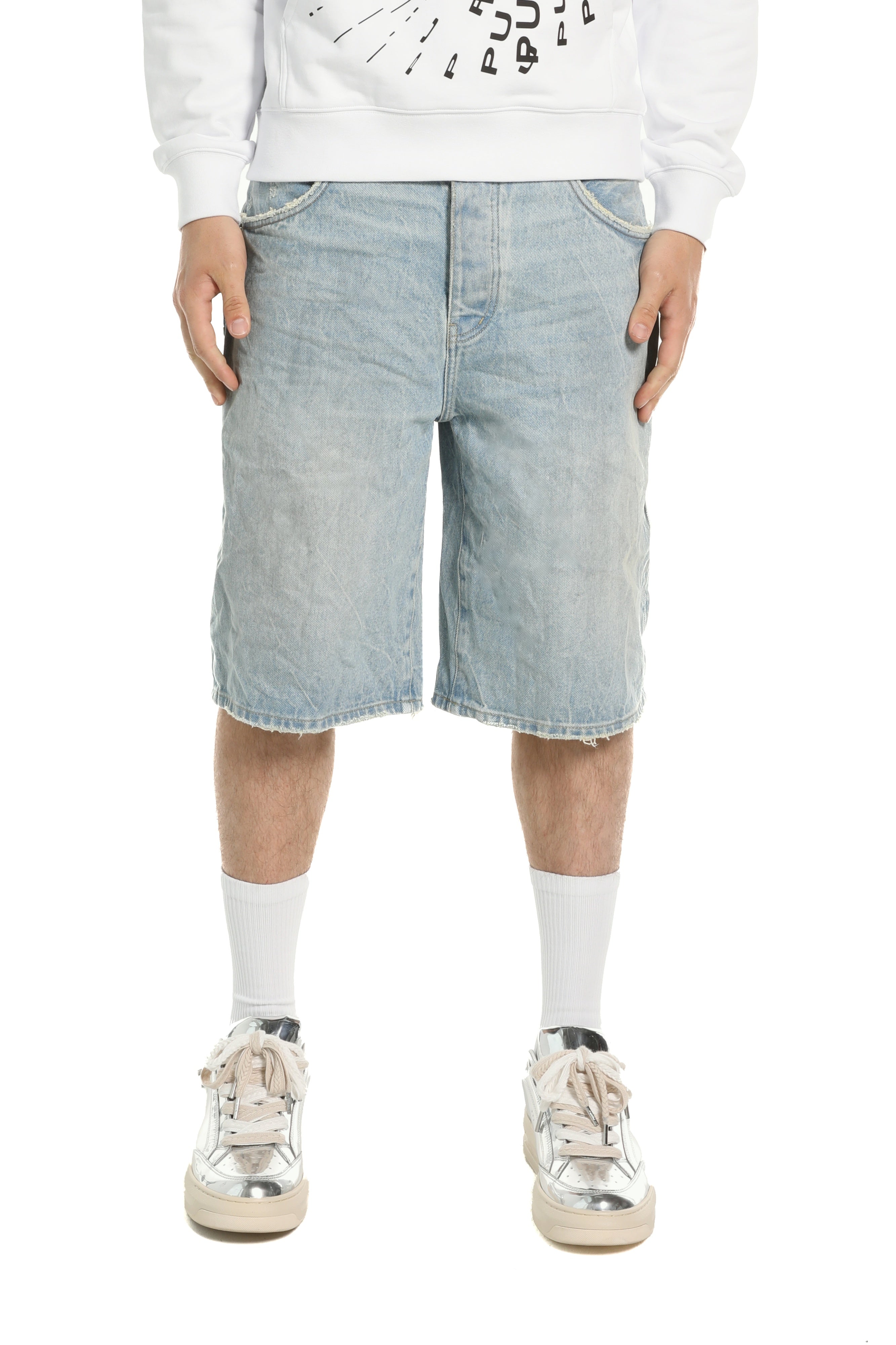 Purple Brand white label wide leg pants in 100% cotton with raw cut hem, five-pocket styling, and button fly