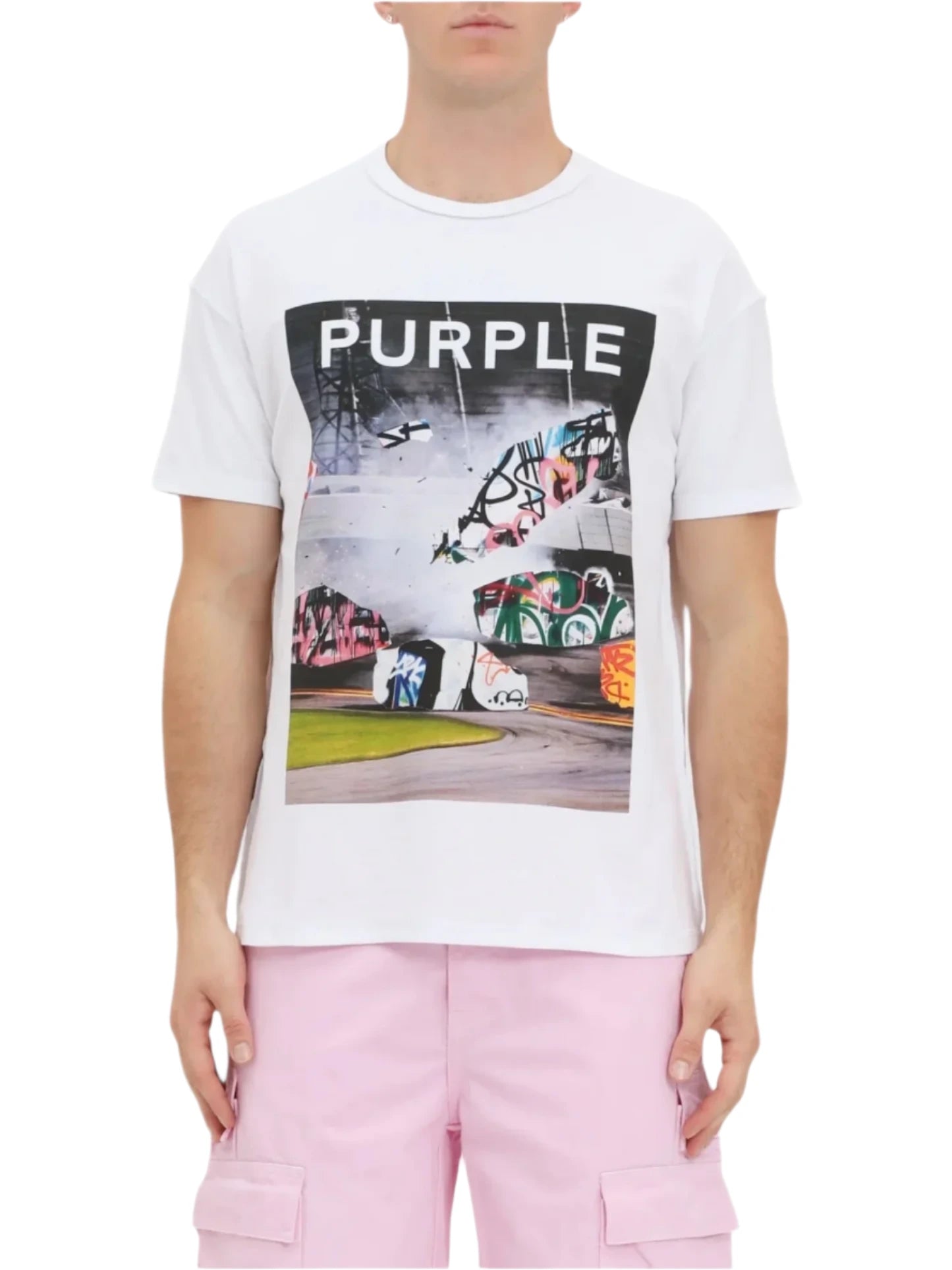 White Purple Brand graphic t-shirt with bold front print, laid flat