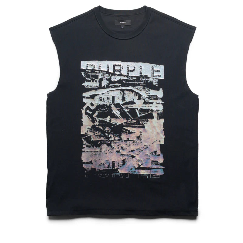 Purple Brand Black Foil Tank Top with textured cotton jersey fabric, ribbed collar, and printed front graphic