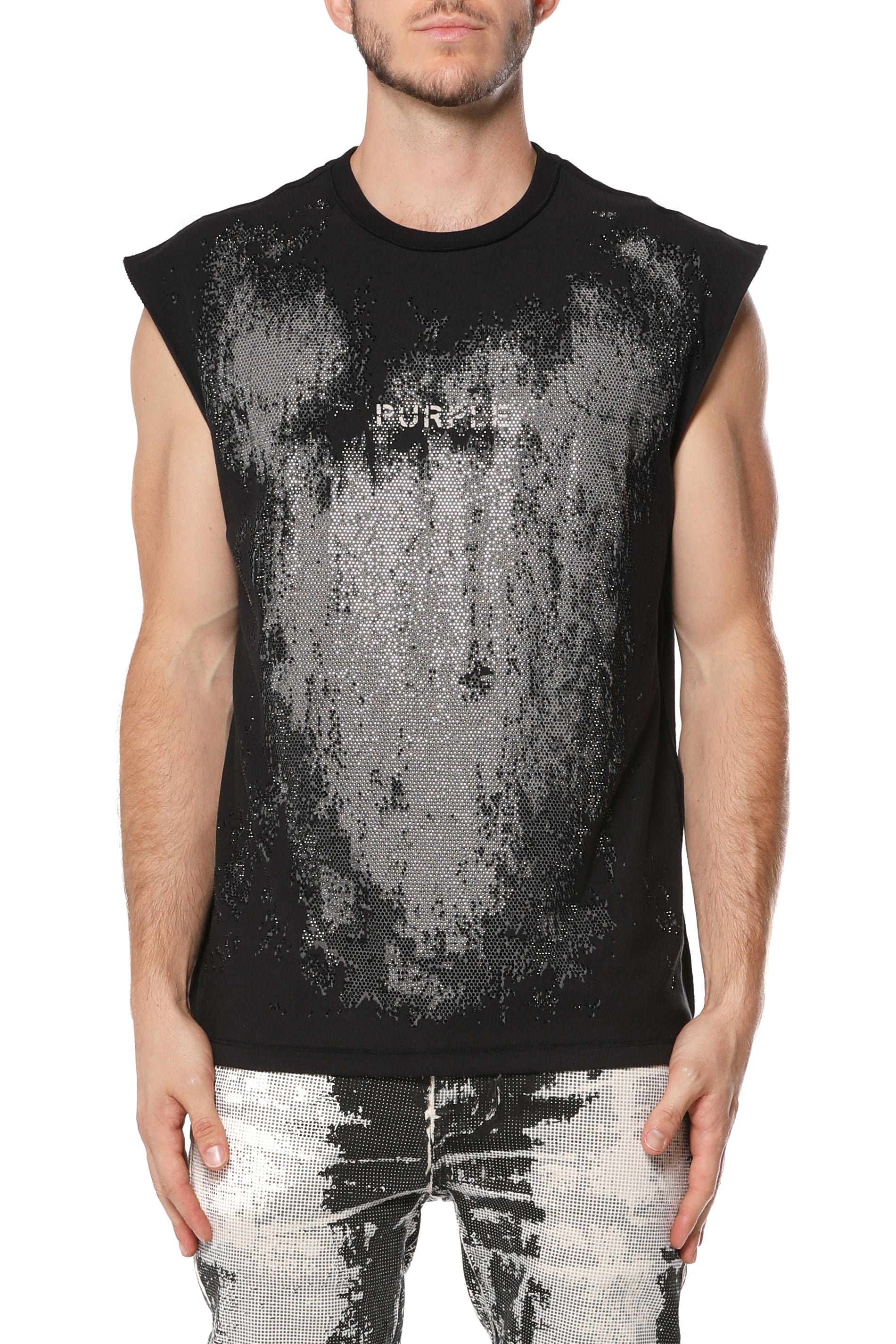Purple Brand Textured Sleeveless Tee in black featuring textured fabric construction and a modern sleeveless design.