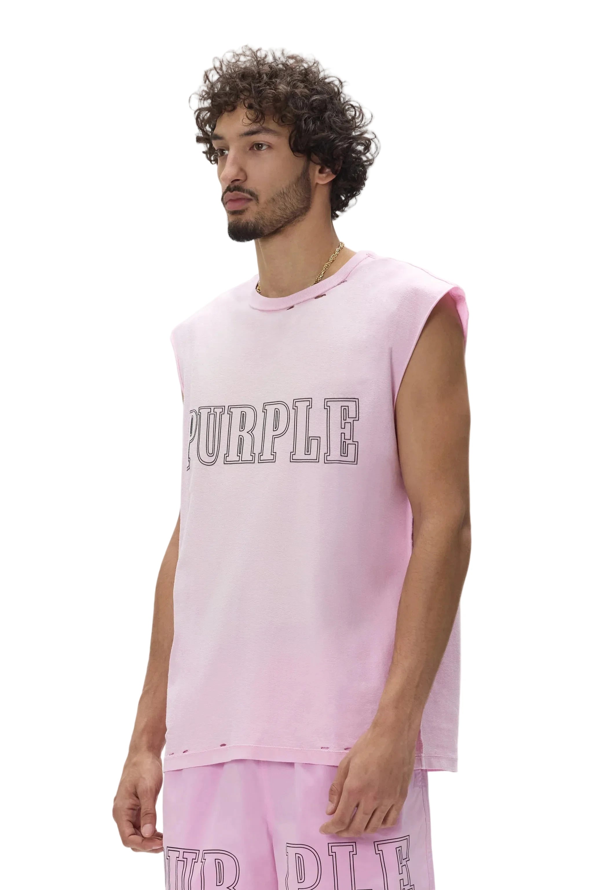 Purple Brand Textured Sleeveless Tee in pink featuring premium textured fabric and a modern sleeveless design.