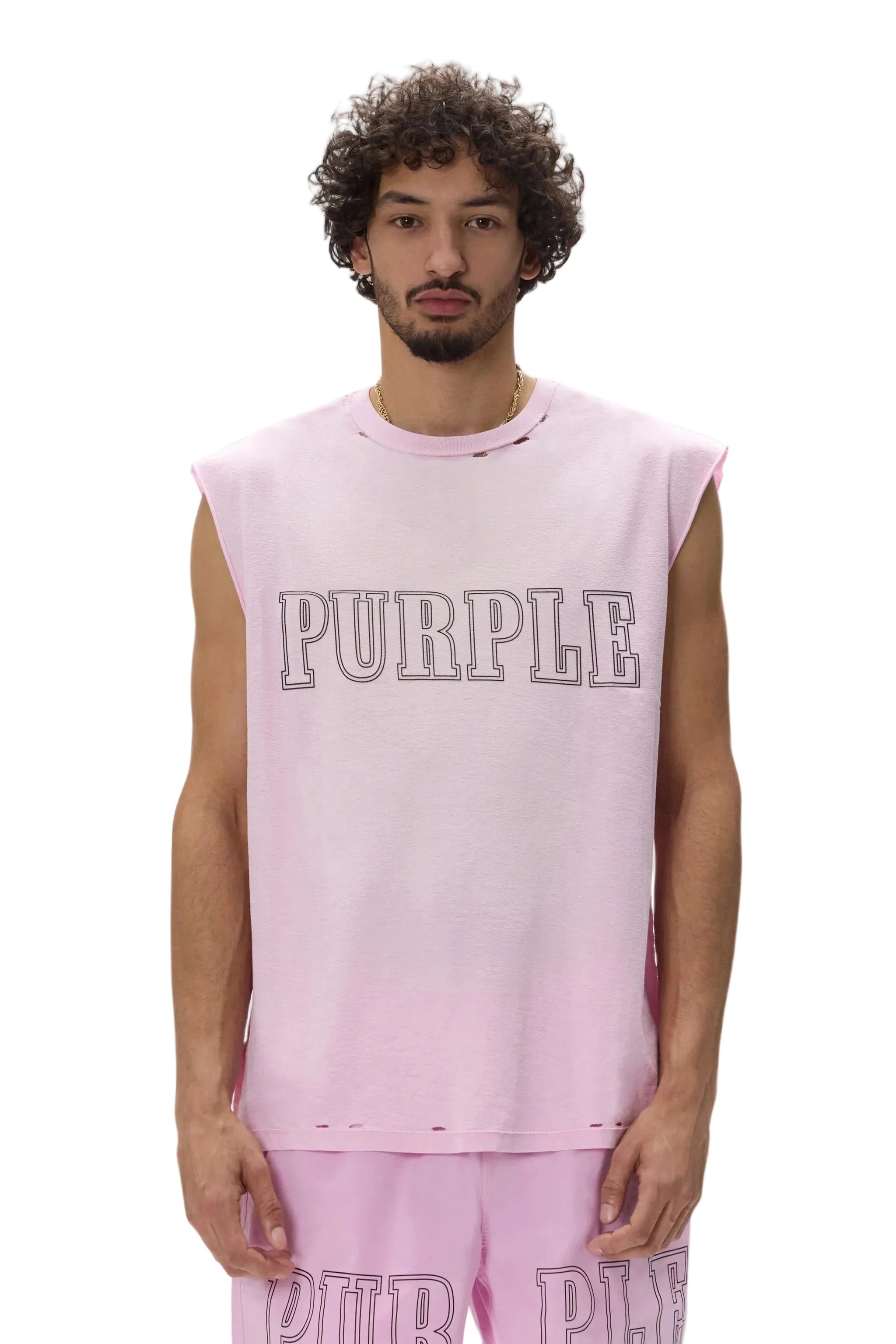 Purple Brand Textured Sleeveless Tee in pink featuring premium textured fabric and a modern sleeveless design.