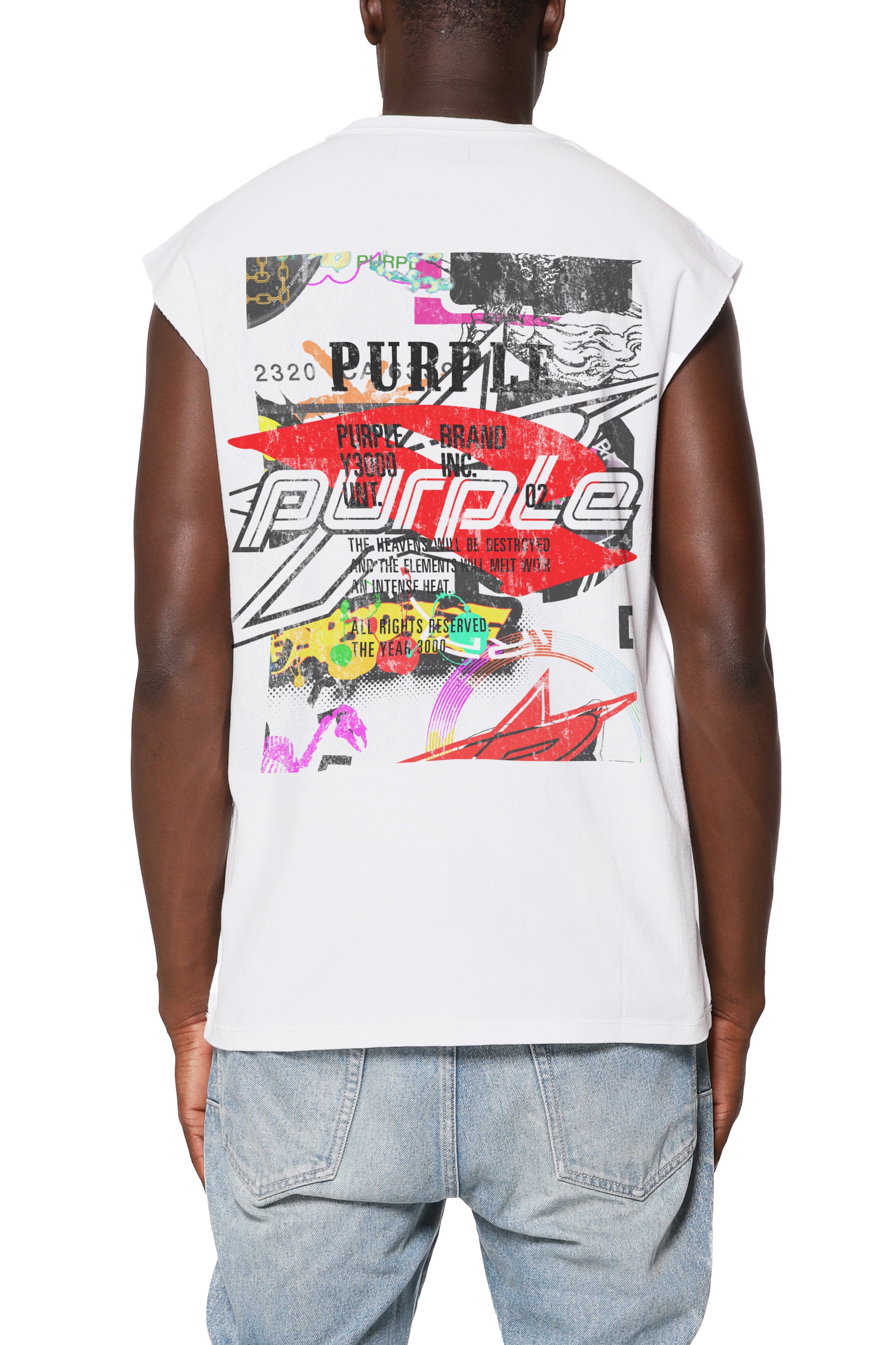 Purple Brand Textured Sleeveless Tee in white featuring premium textured fabric and a modern sleeveless streetwear design.