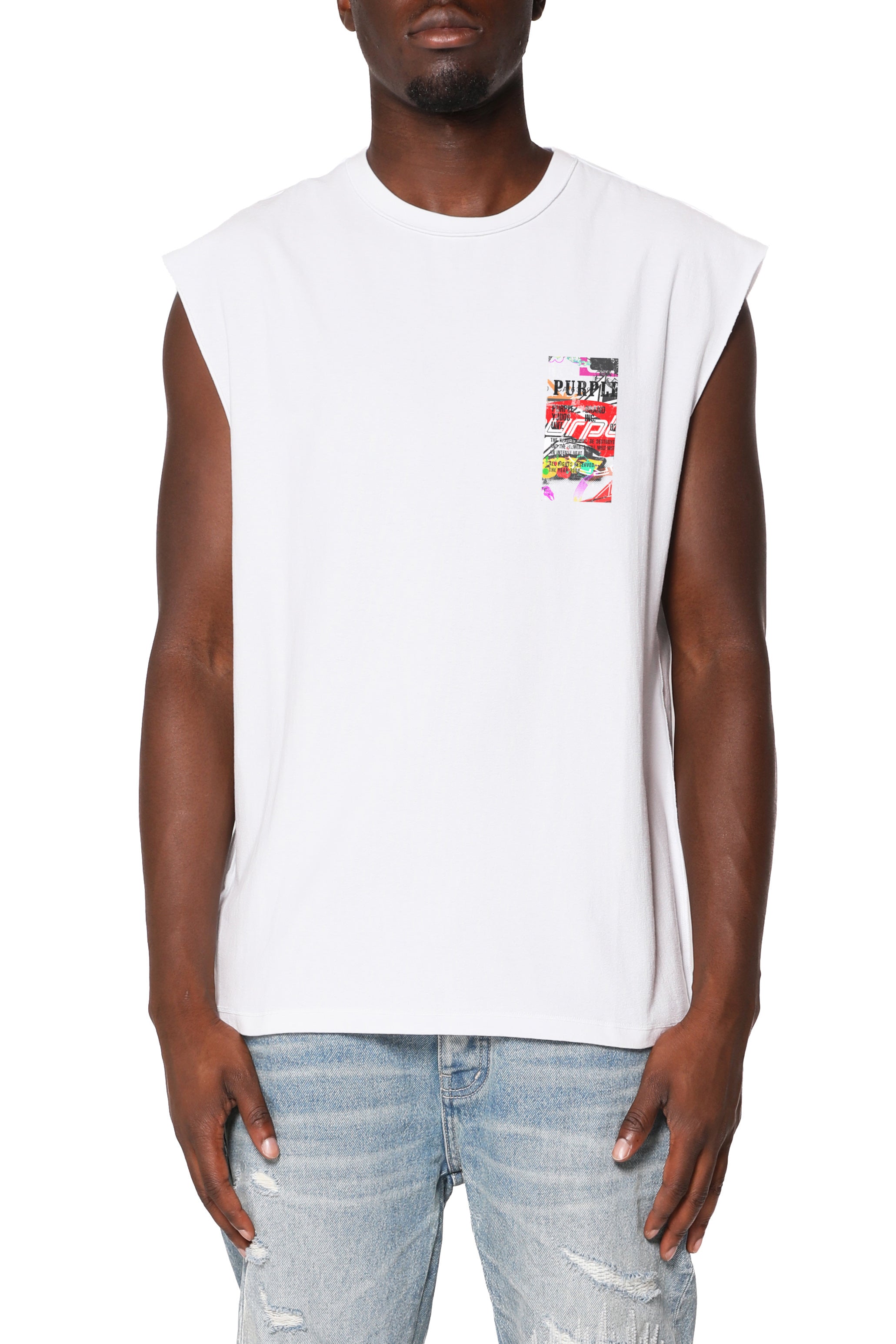 Purple Brand Textured Sleeveless Tee in white featuring premium textured fabric and a modern sleeveless streetwear design.