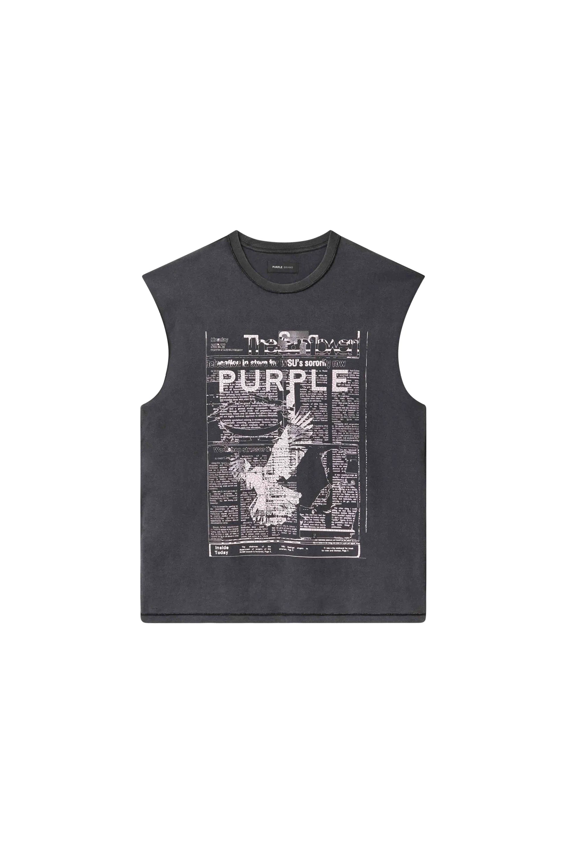Details:
This sleeveless acid-washed tee is designed with a regular fit and made from 100% cotton textured jersey knit. It showcases a bold news print across the chest, along with Purple brand lettering in a crackle finish.

Pre-Fall 2025 Collection
White Label
100% Cotton
30" Length, 22 1/4" Chest
Regular Fit
Textured Jersey
Acid Wash Finish
Crackle Print Design
Each item from Purple Brand is accompanied by the signature hang tag.