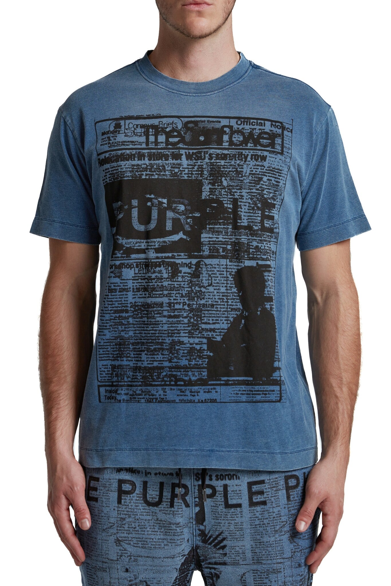 Blue Purple Brand Textured Jersey Tee with all-over letter print laid flat