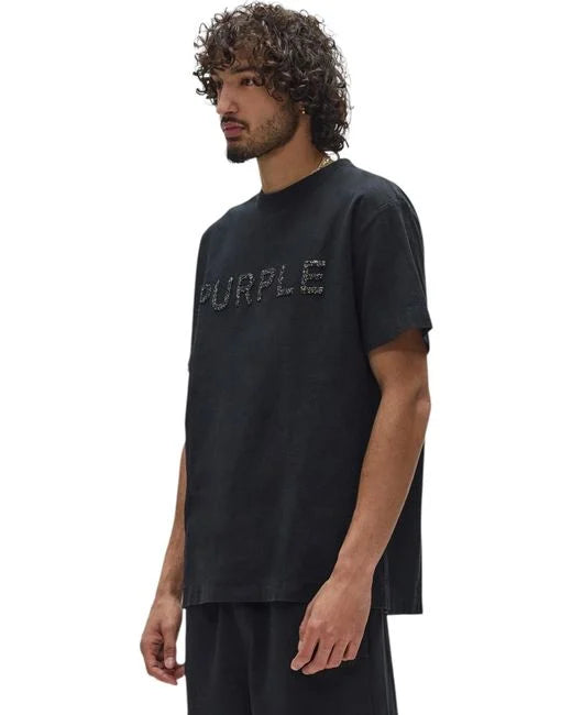 Purple Brand black textured jersey short sleeve tee with subtle faded wash, Crystal Fine Rocks detailing, and White Label, style P104-TBMS226