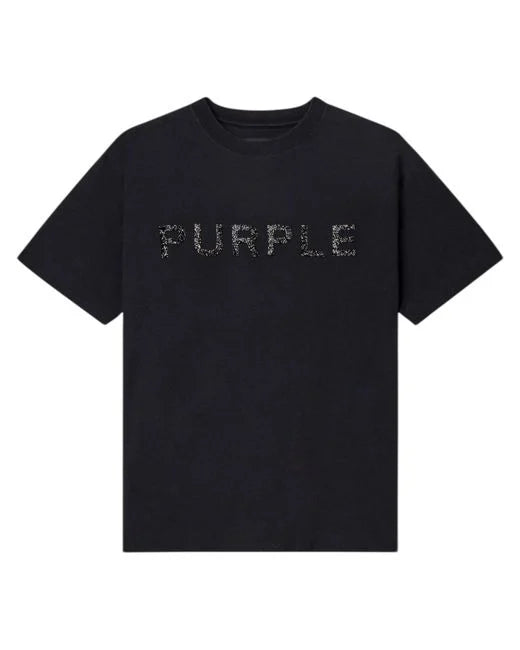 Purple Brand black textured jersey short sleeve tee with subtle faded wash, Crystal Fine Rocks detailing, and White Label, style P104-TBMS226