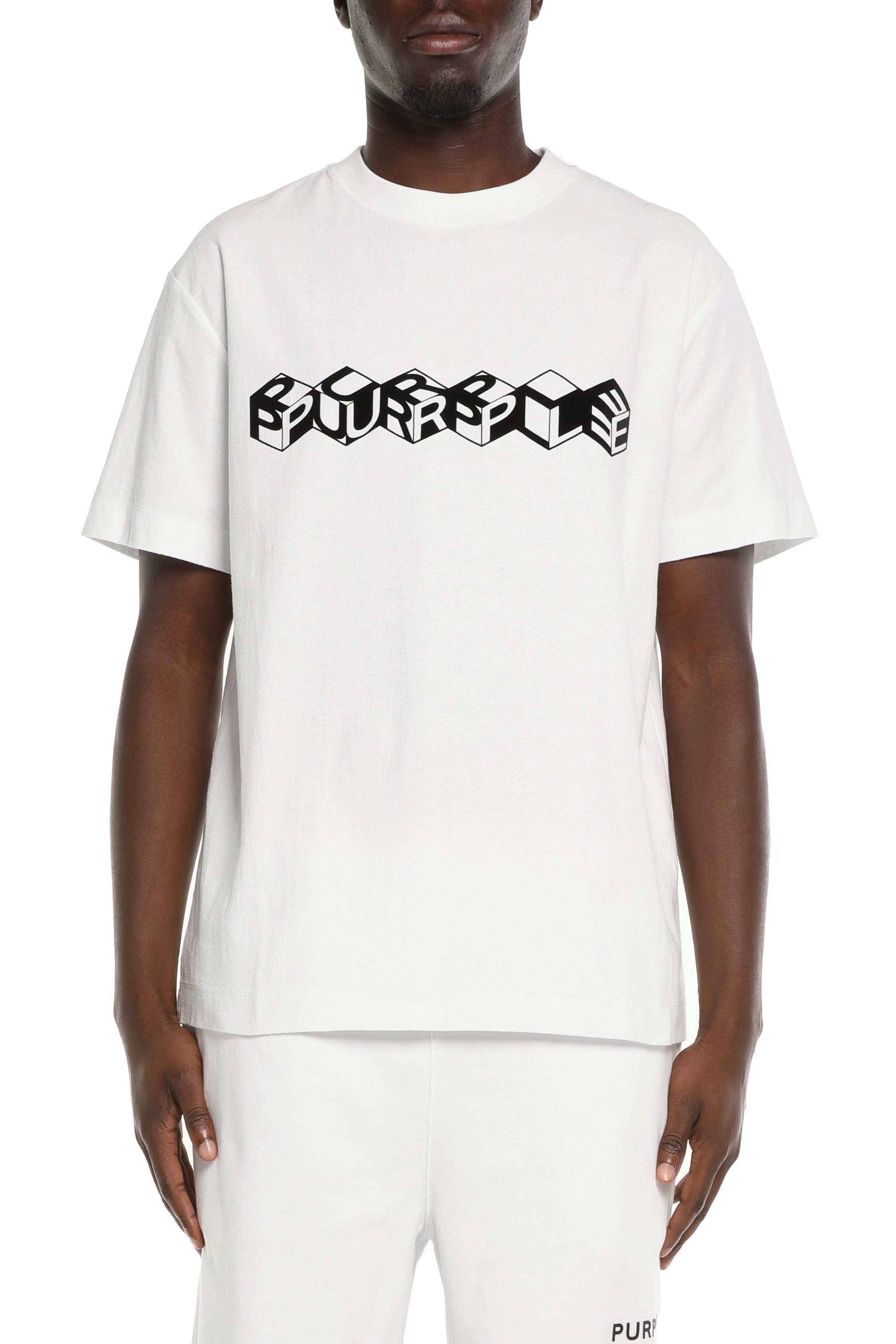 Purple Brand PB Cube Tee in white, regular fit 100% cotton jersey knit T-shirt with White Label and short sleeves