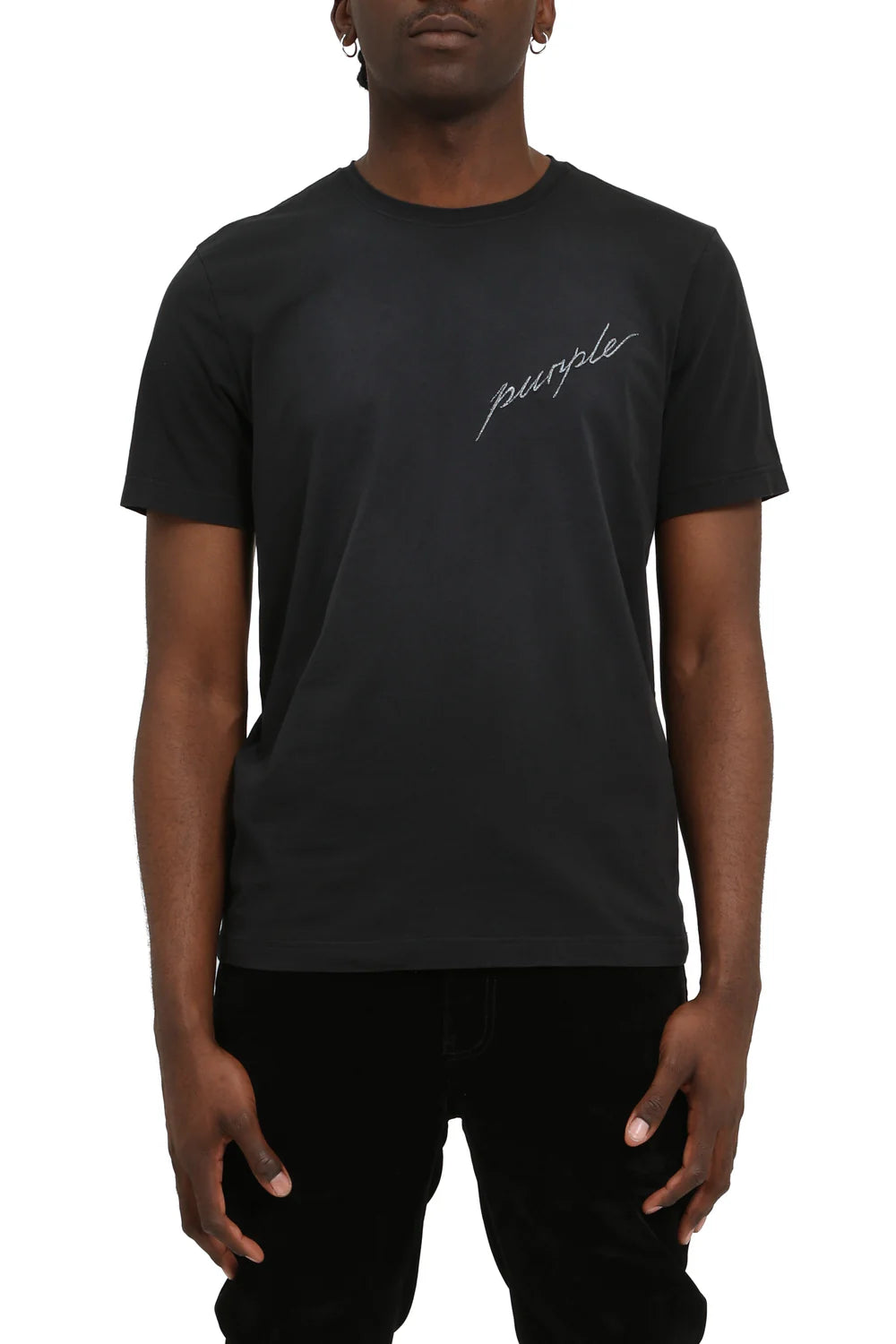 Purple Brand Clean Jersey SS Tee in Black, heavyweight cotton t-shirt with minimalist screenprint design and regular fit.