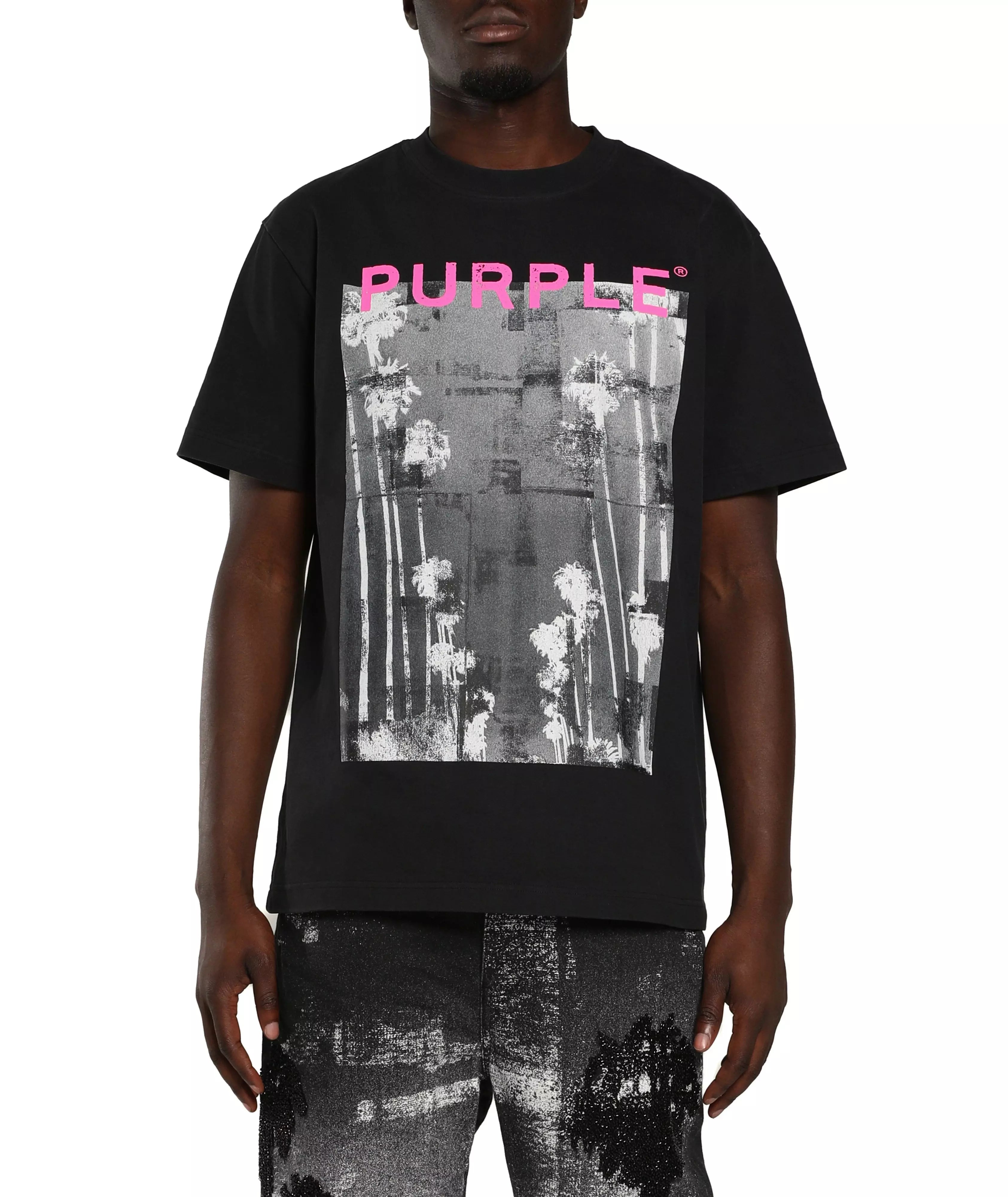 Purple Brand PB Mirage Tee in black, regular fit 100% cotton jersey knit T-shirt with White Label and short sleeves