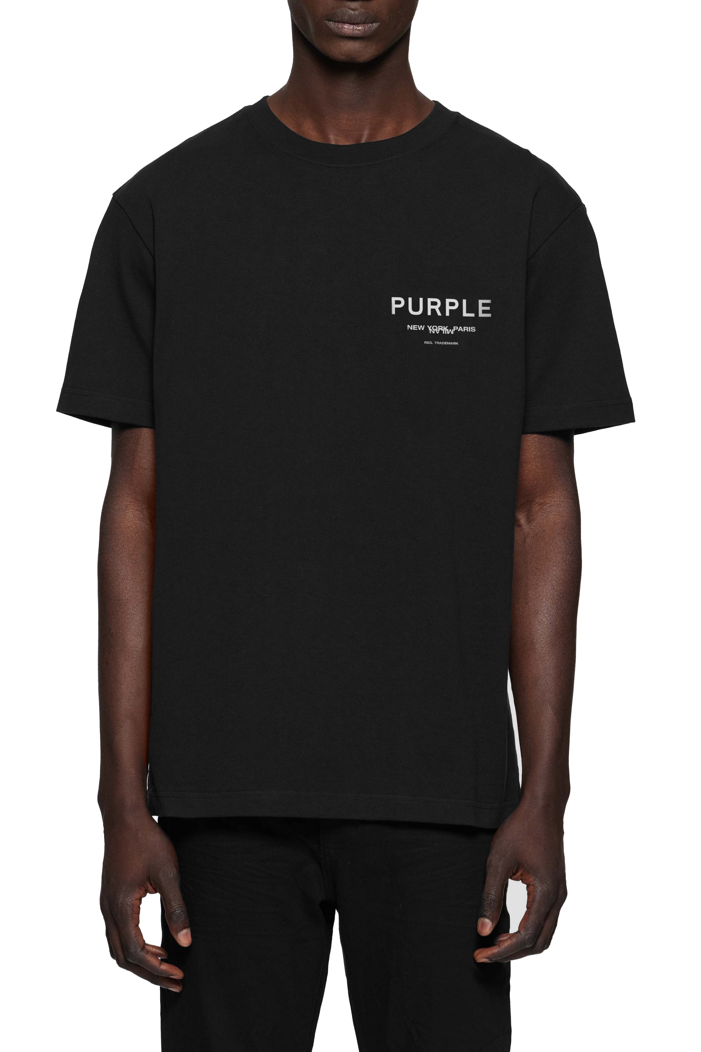 Purple Brand White Label heavyweight white cotton tee with dropped shoulders and logo lettering in digital print and silicone finish.