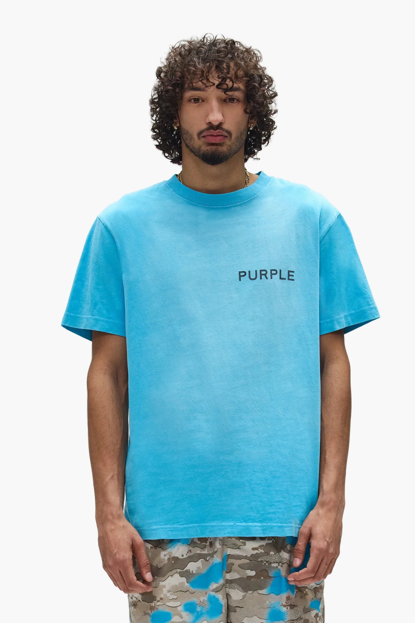 Purple Brand white label tee with faded wash, puff print design, and heavyweight cotton jersey fabric