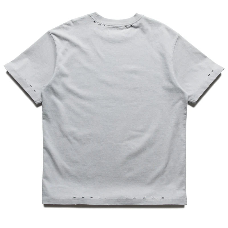 Purple Brand heavyweight jersey grey T-shirt made from 100% cotton featuring distressed detailing, ribbed collar, and a printed front graphic.