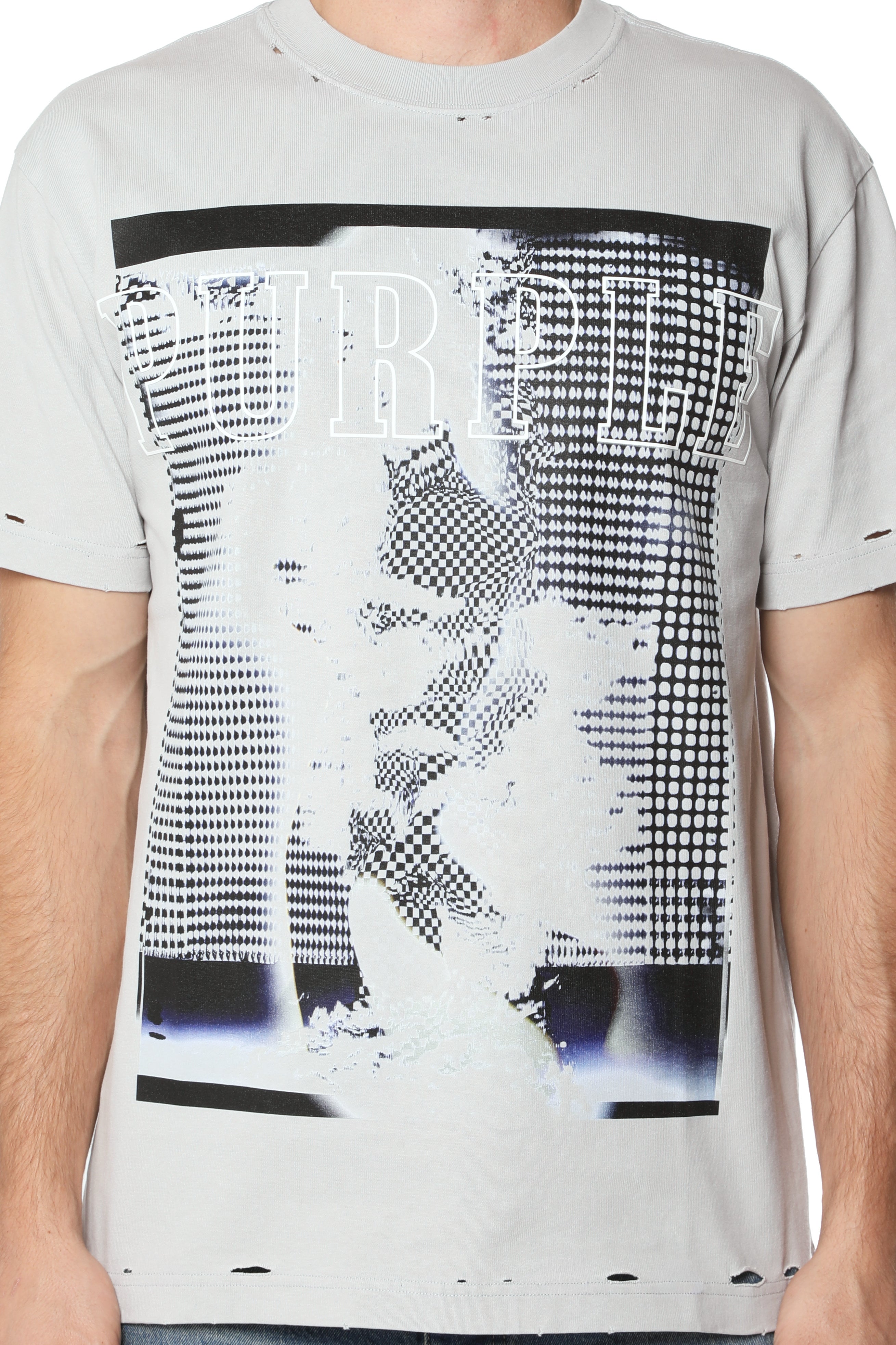 Purple Brand heavyweight jersey grey T-shirt made from 100% cotton featuring distressed detailing, ribbed collar, and a printed front graphic.