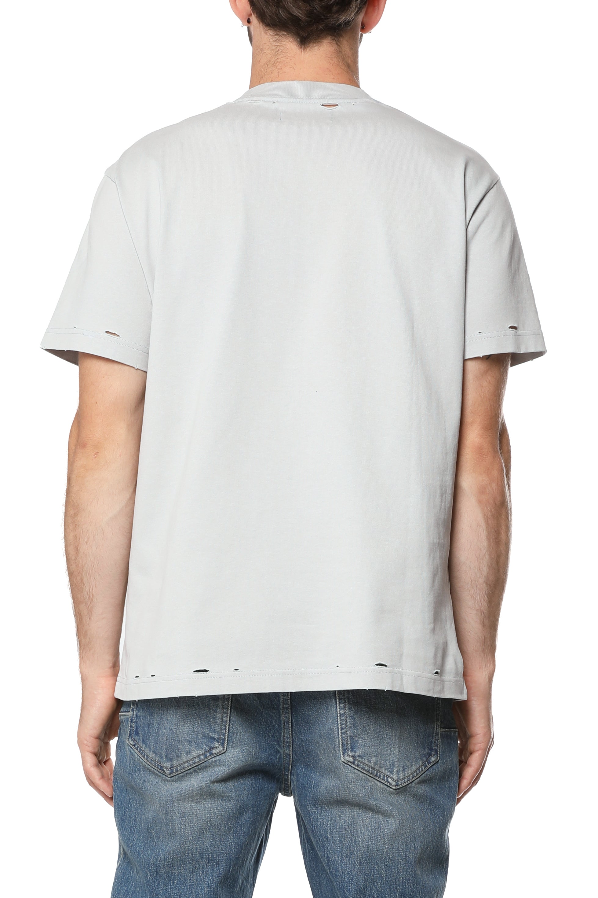 Purple Brand heavyweight jersey grey T-shirt made from 100% cotton featuring distressed detailing, ribbed collar, and a printed front graphic.
