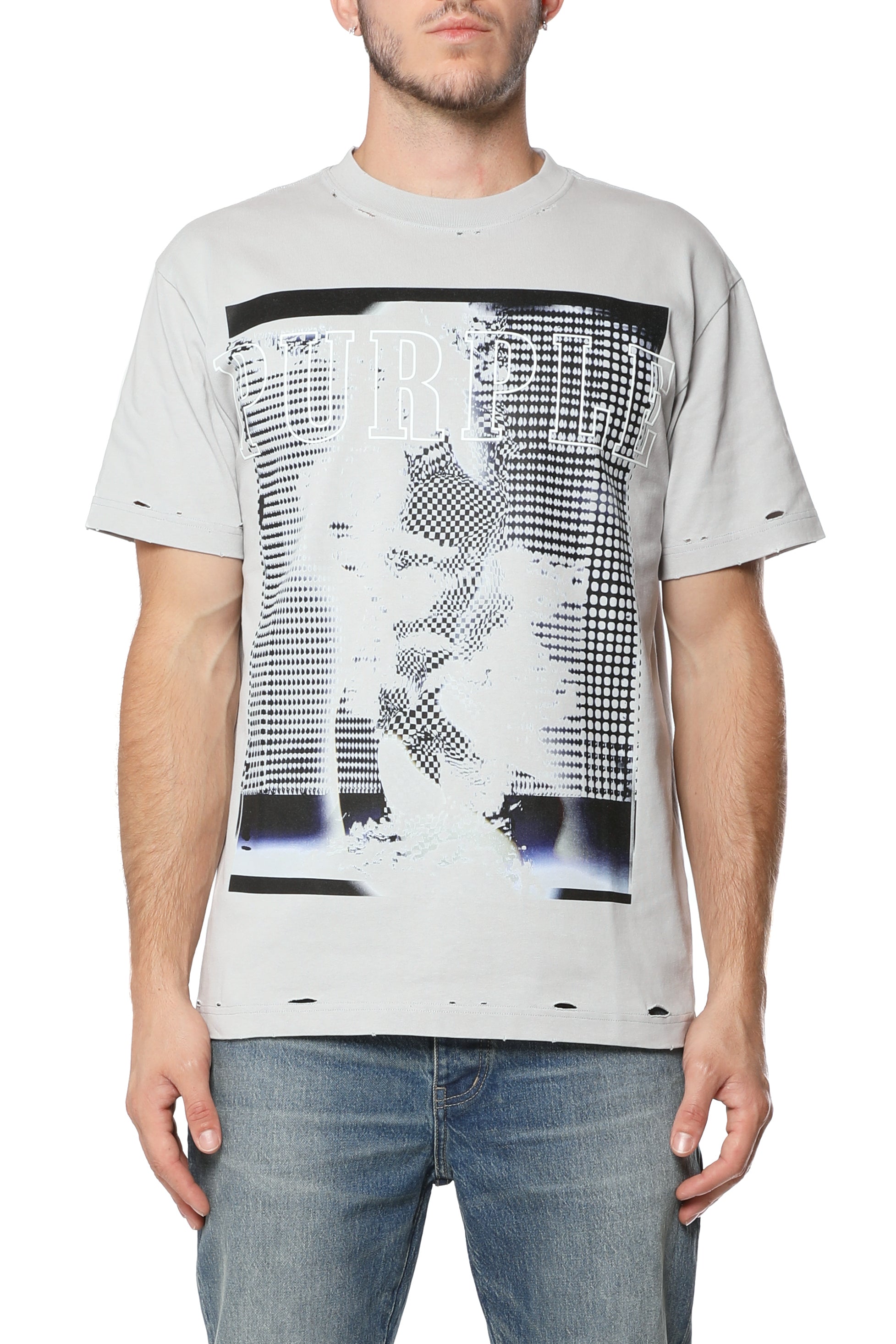 Purple Brand heavyweight jersey grey T-shirt made from 100% cotton featuring distressed detailing, ribbed collar, and a printed front graphic.