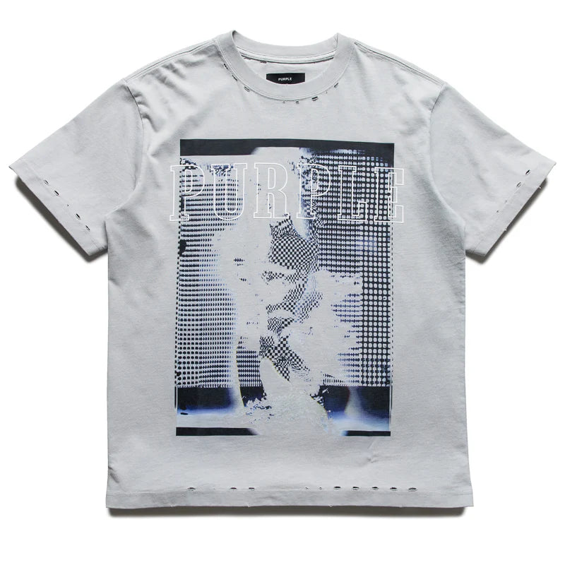 Purple Brand heavyweight jersey grey T-shirt made from 100% cotton featuring distressed detailing, ribbed collar, and a printed front graphic.