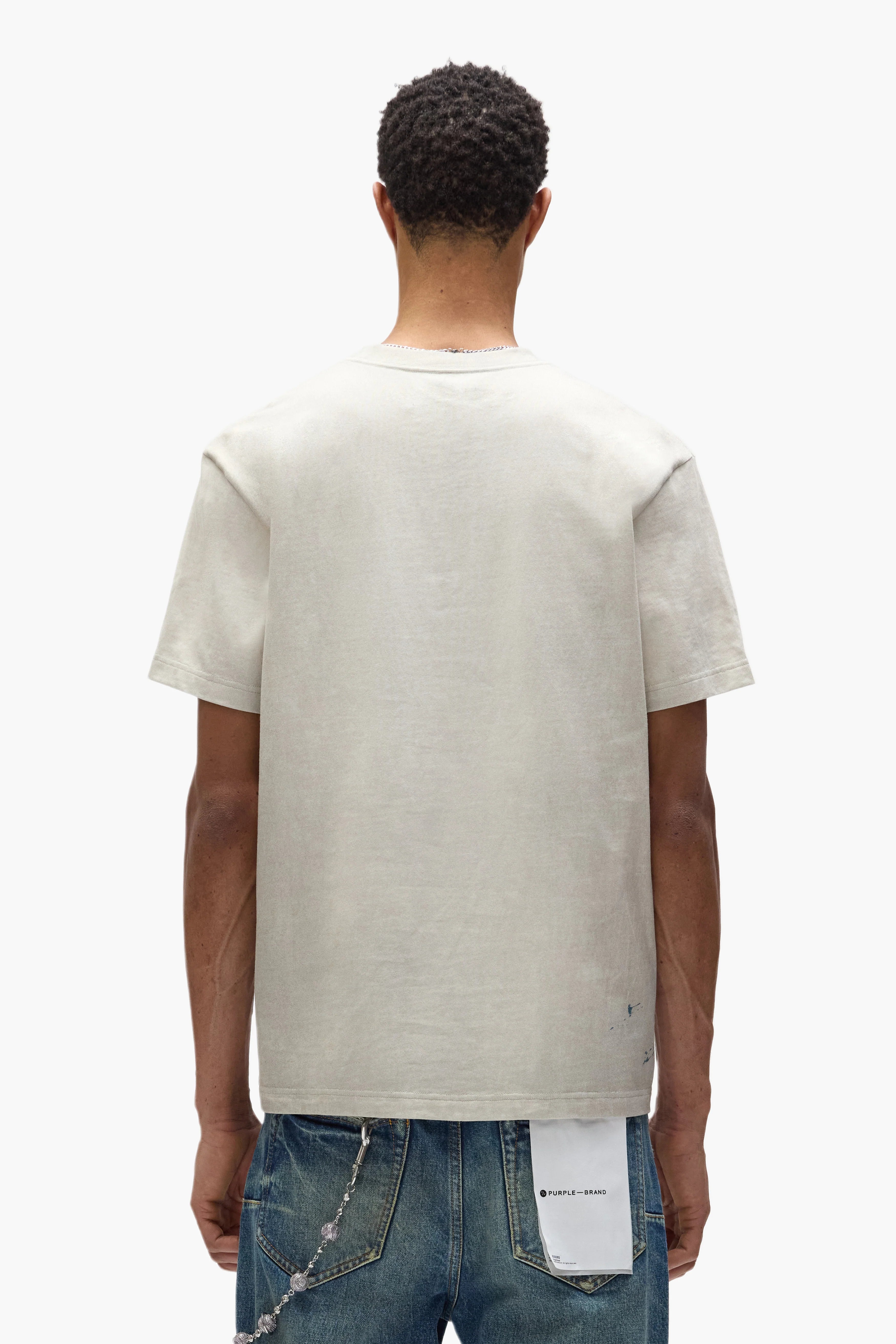 Purple Brand heavyweight cotton tee with raised matte lettering and digital print on front