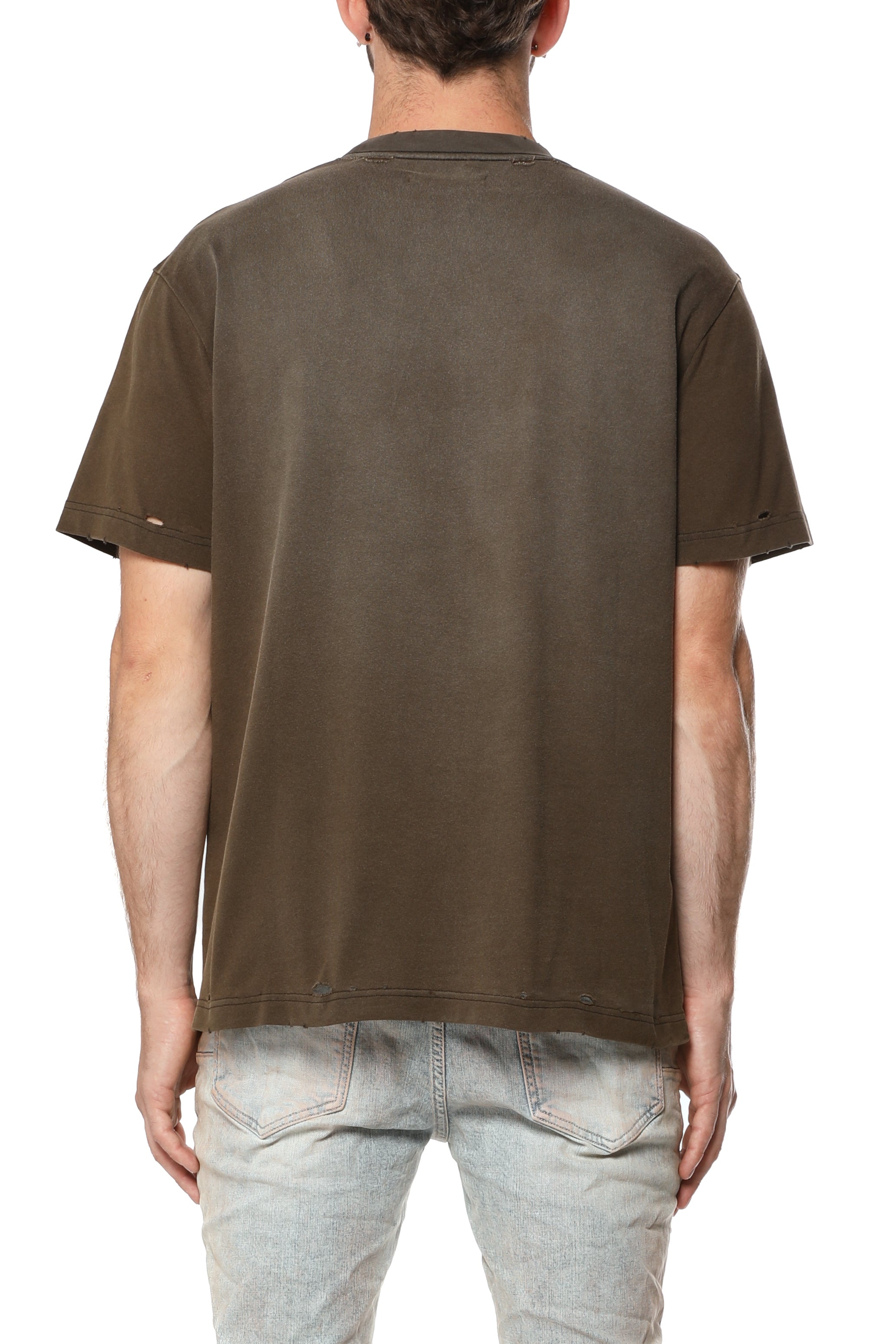 Purple Brand Slab Outline Brown cotton jersey T-shirt featuring a distressed finish and a vibrant outlined logo graphic on the chest.
