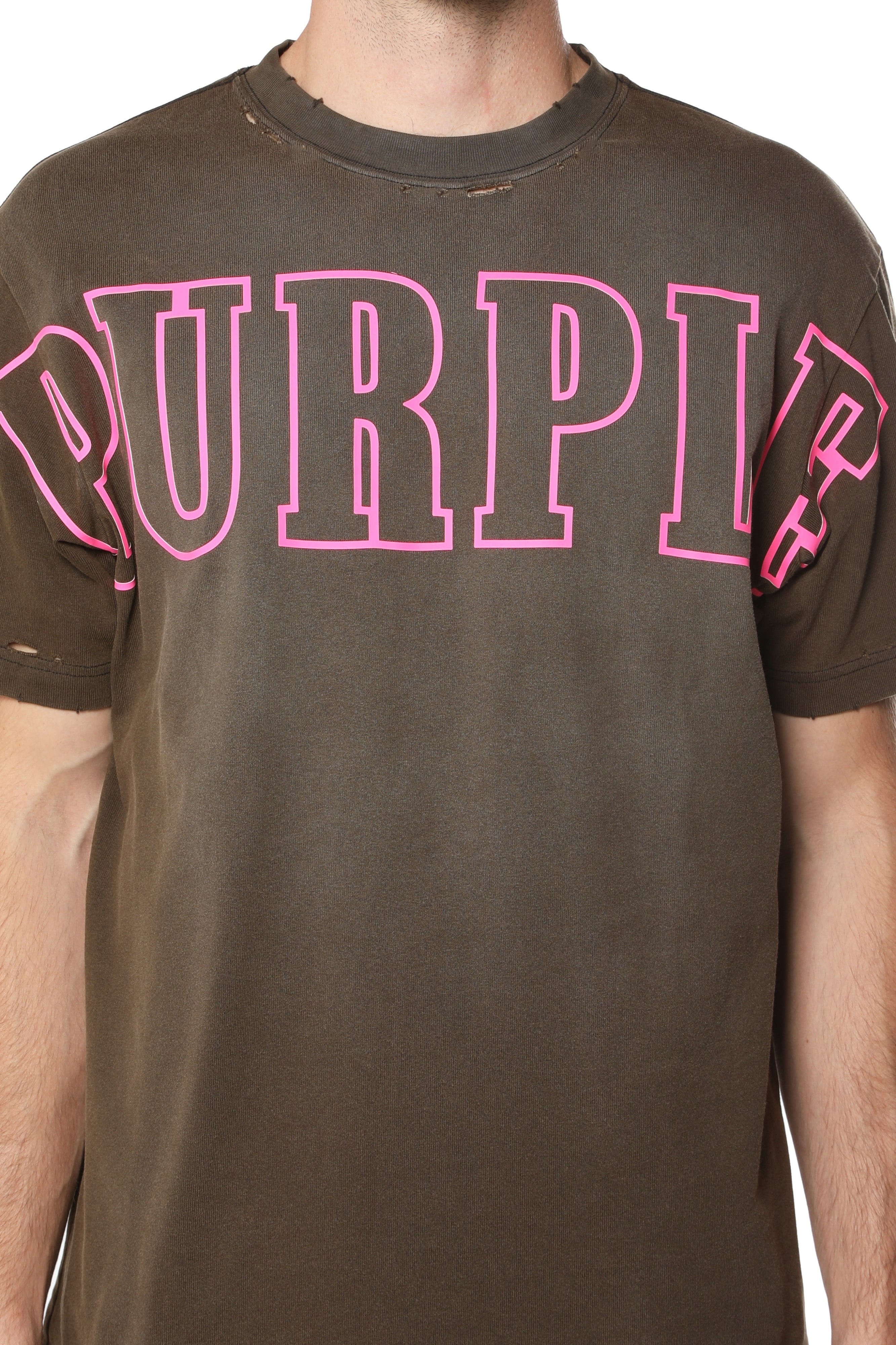 Purple Brand Slab Outline Brown cotton jersey T-shirt featuring a distressed finish and a vibrant outlined logo graphic on the chest.
